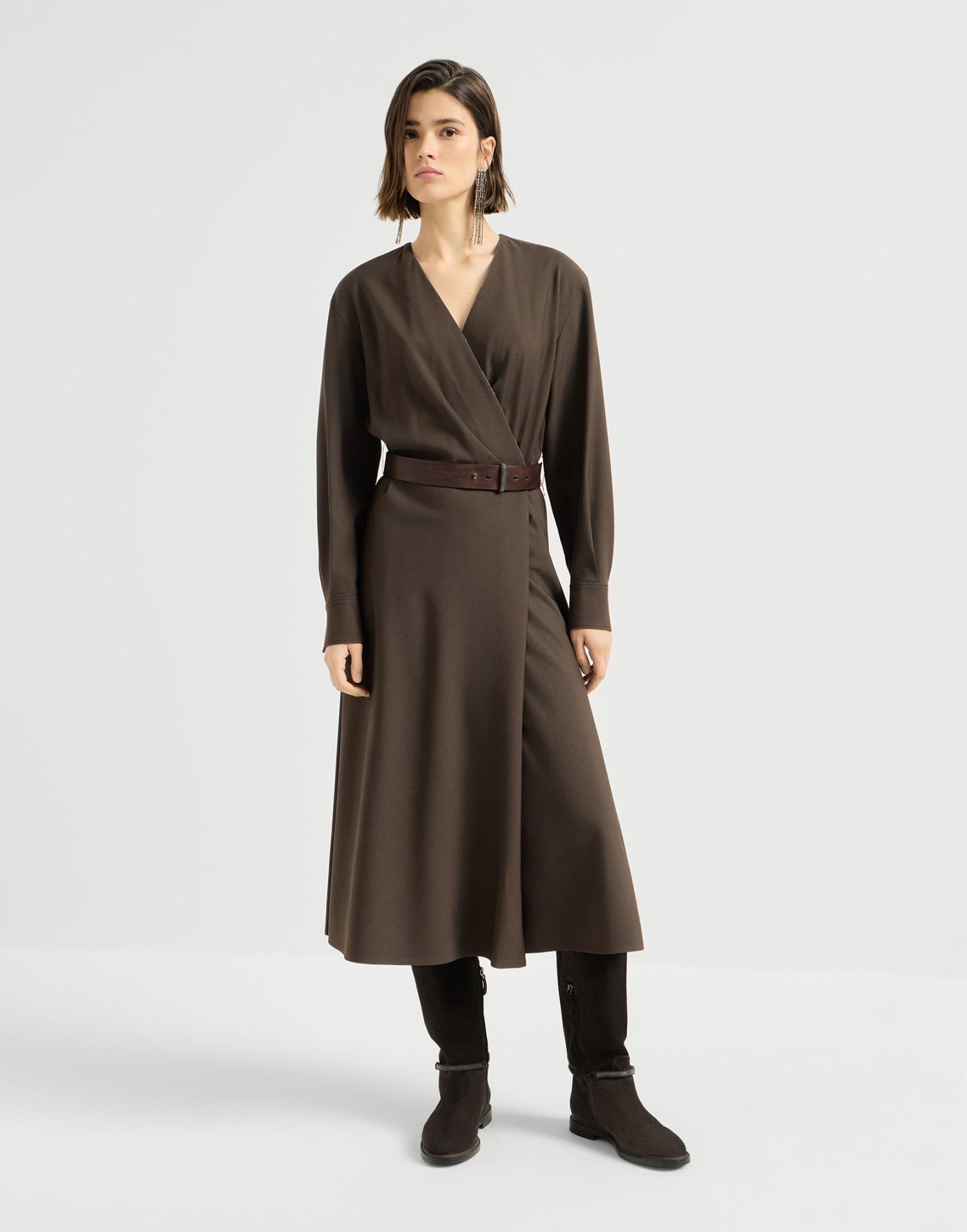 Twill belted dress Pine Cone Brown Woman - Brunello Cucinelli