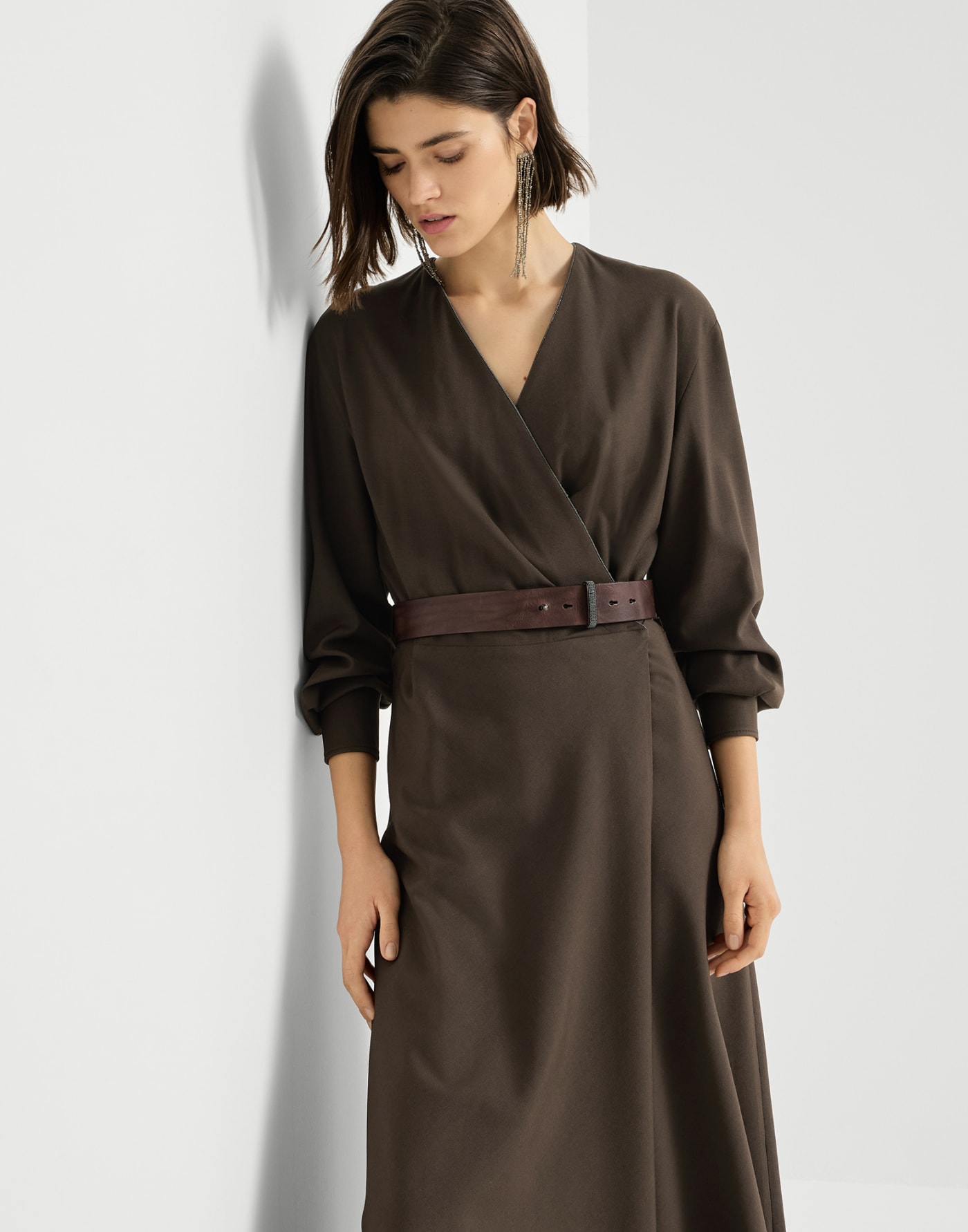 Twill belted dress Pine Cone Brown Woman - Brunello Cucinelli