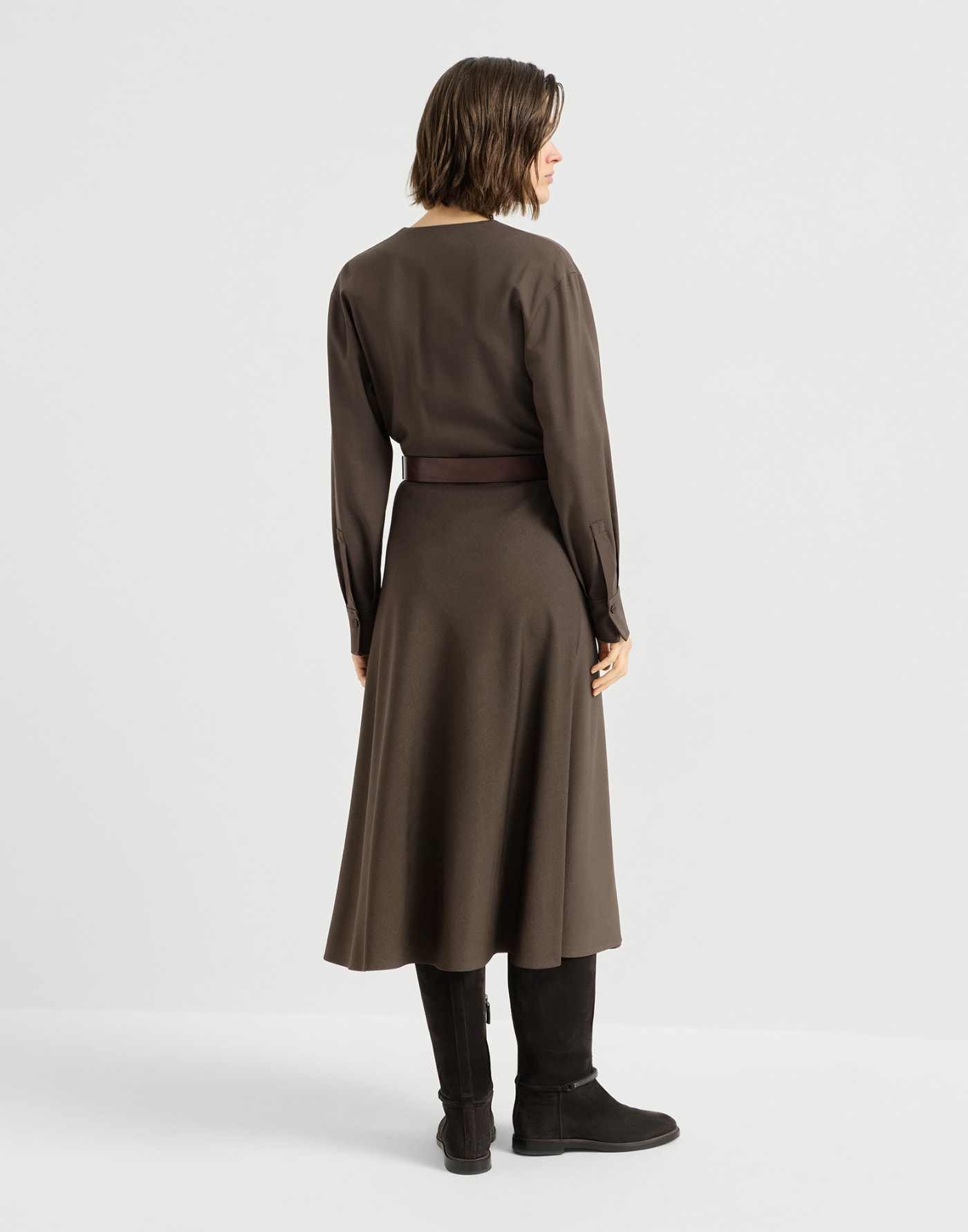 Twill belted dress Pine Cone Brown Woman - Brunello Cucinelli