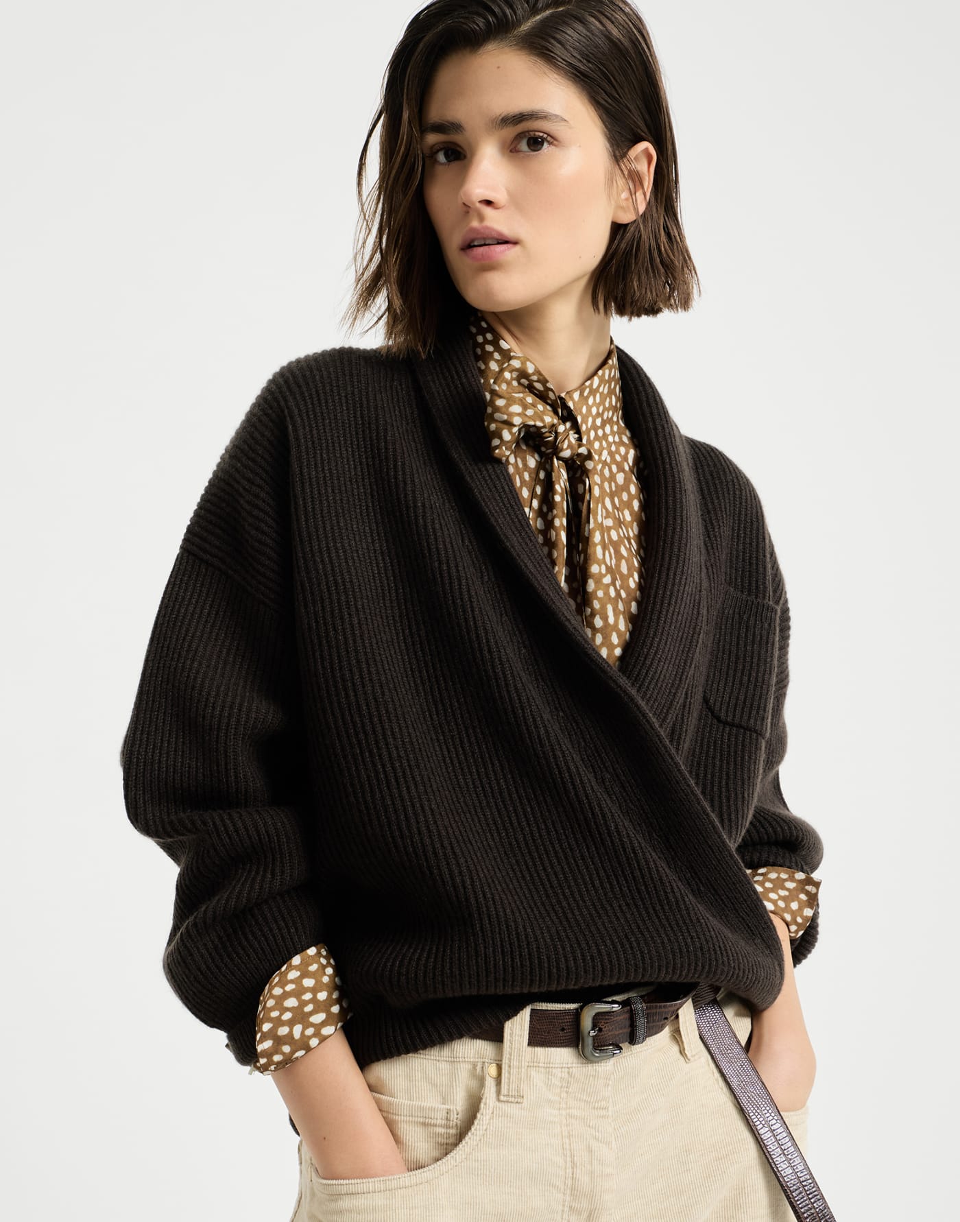 English rib cashmere cardigan Coffee Woman - Brunello Cucinelli