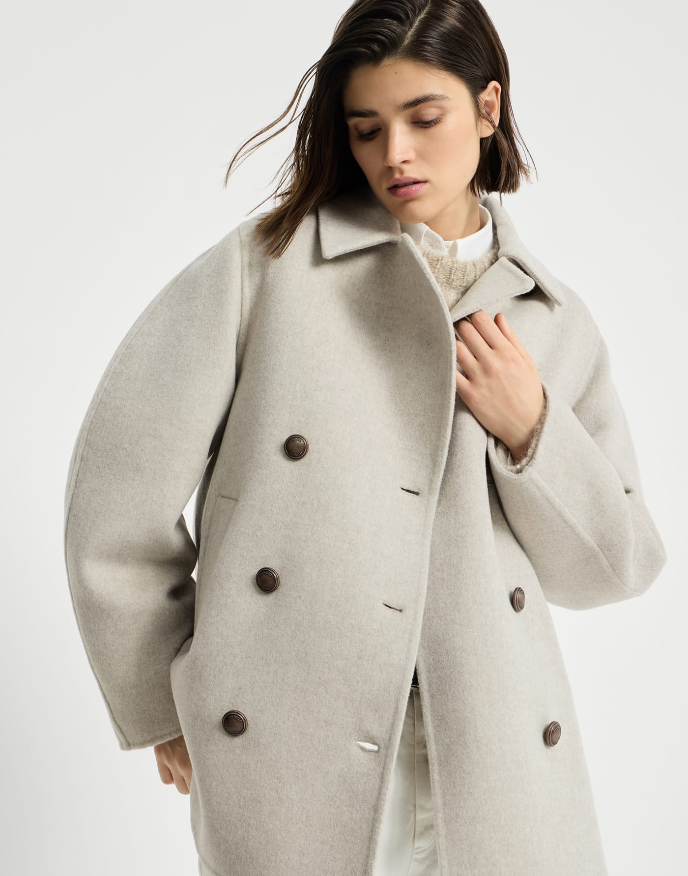 Hand-crafted pea coat Cool Beige Woman - Brunello Cucinelli