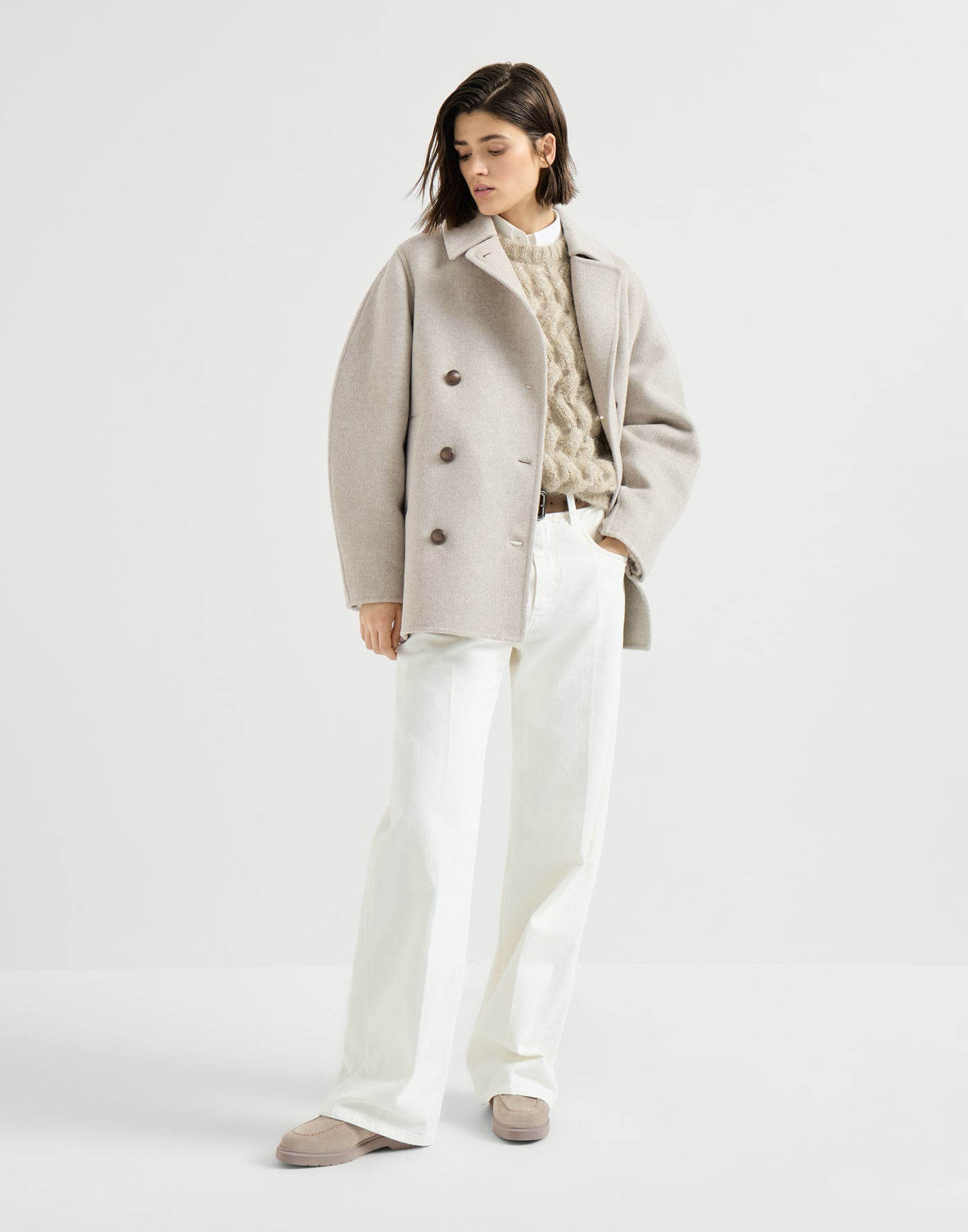 Hand-crafted pea coat Cool Beige Woman - Brunello Cucinelli