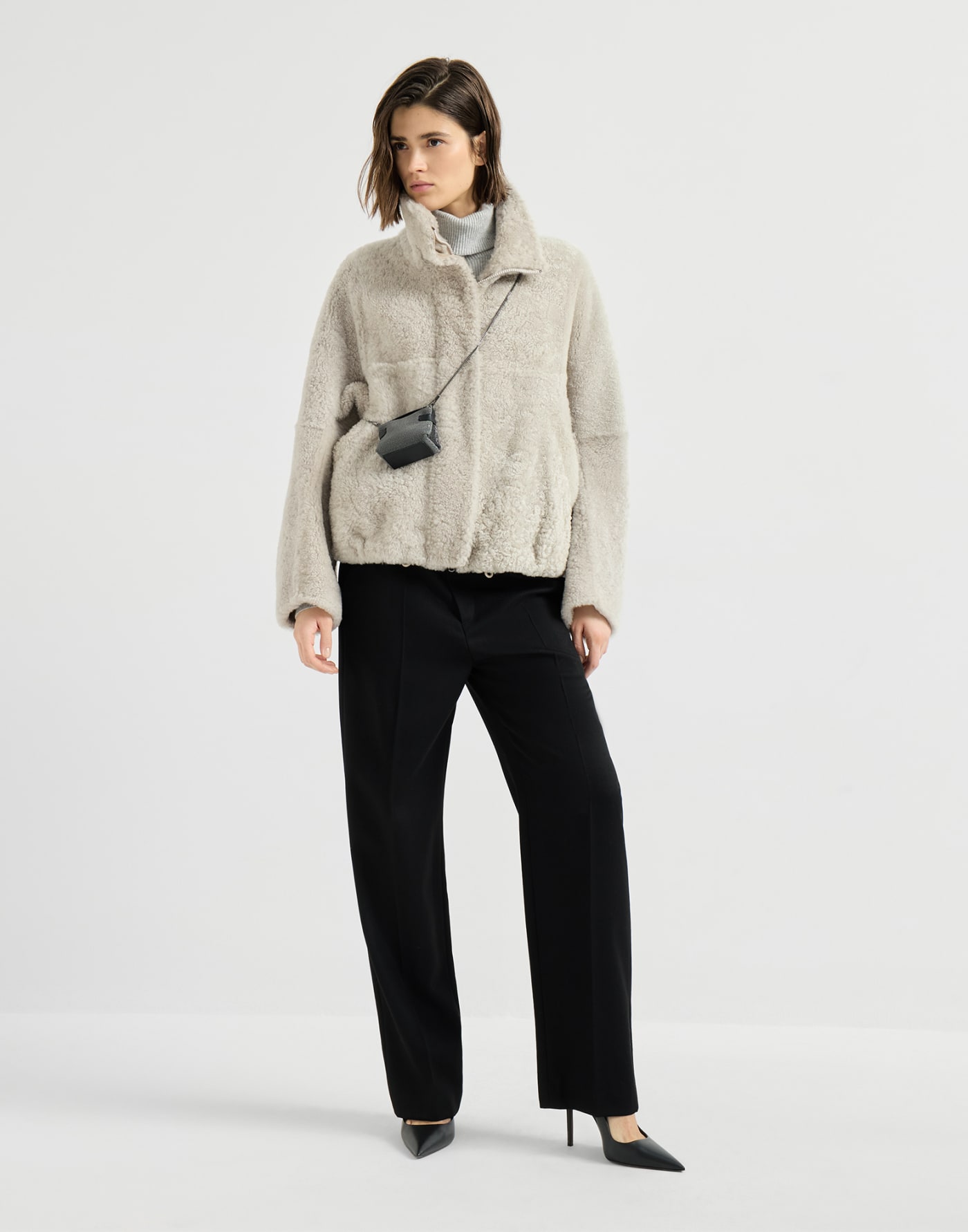 Fuzzy shearling outerwear jacket Grey Woman - Brunello Cucinelli