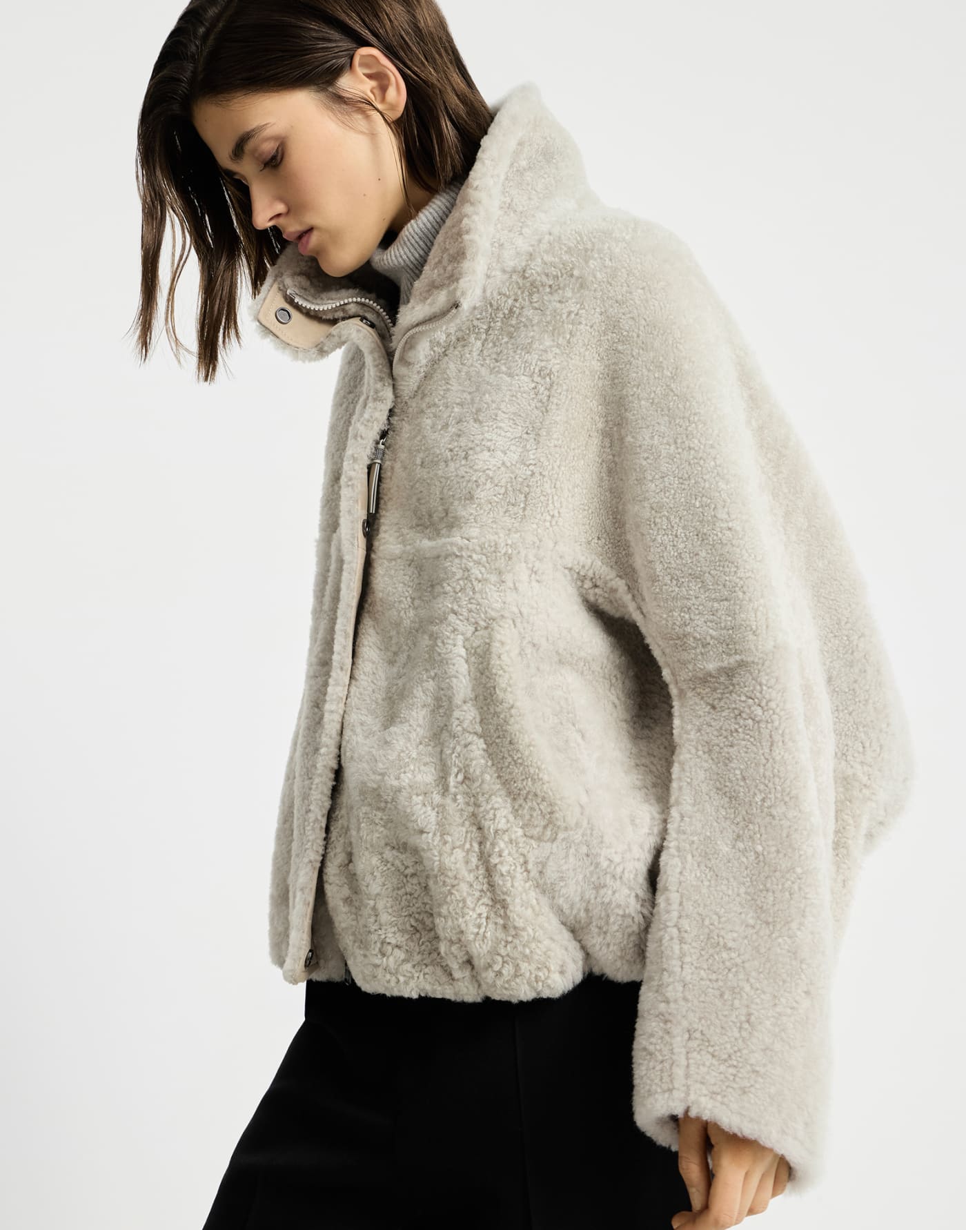 Fuzzy shearling outerwear jacket Grey Woman - Brunello Cucinelli