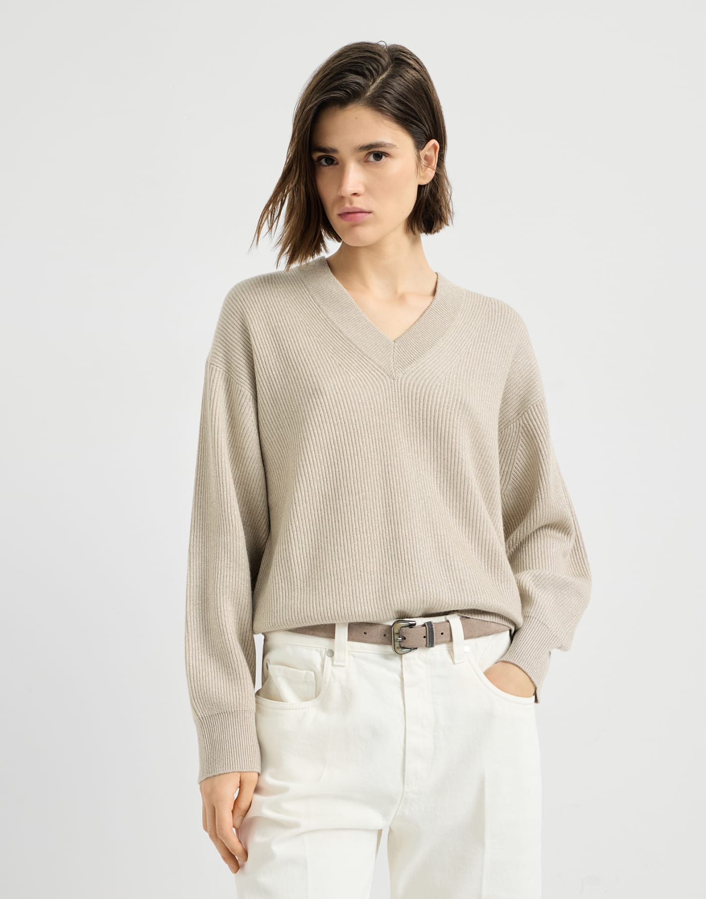 Cardigan in cashmere Sparkling Beige Donna - Brunello Cucinelli