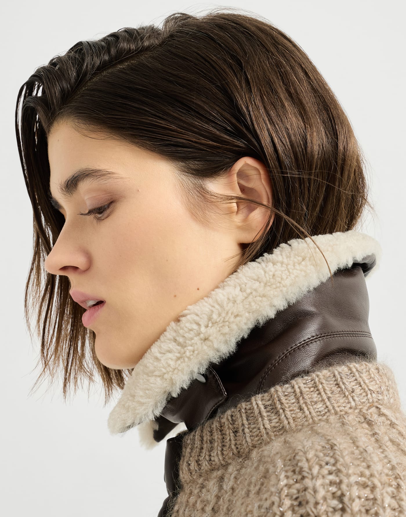 Ribbed cardigan with shearling insert Light Brown Woman - Brunello Cucinelli