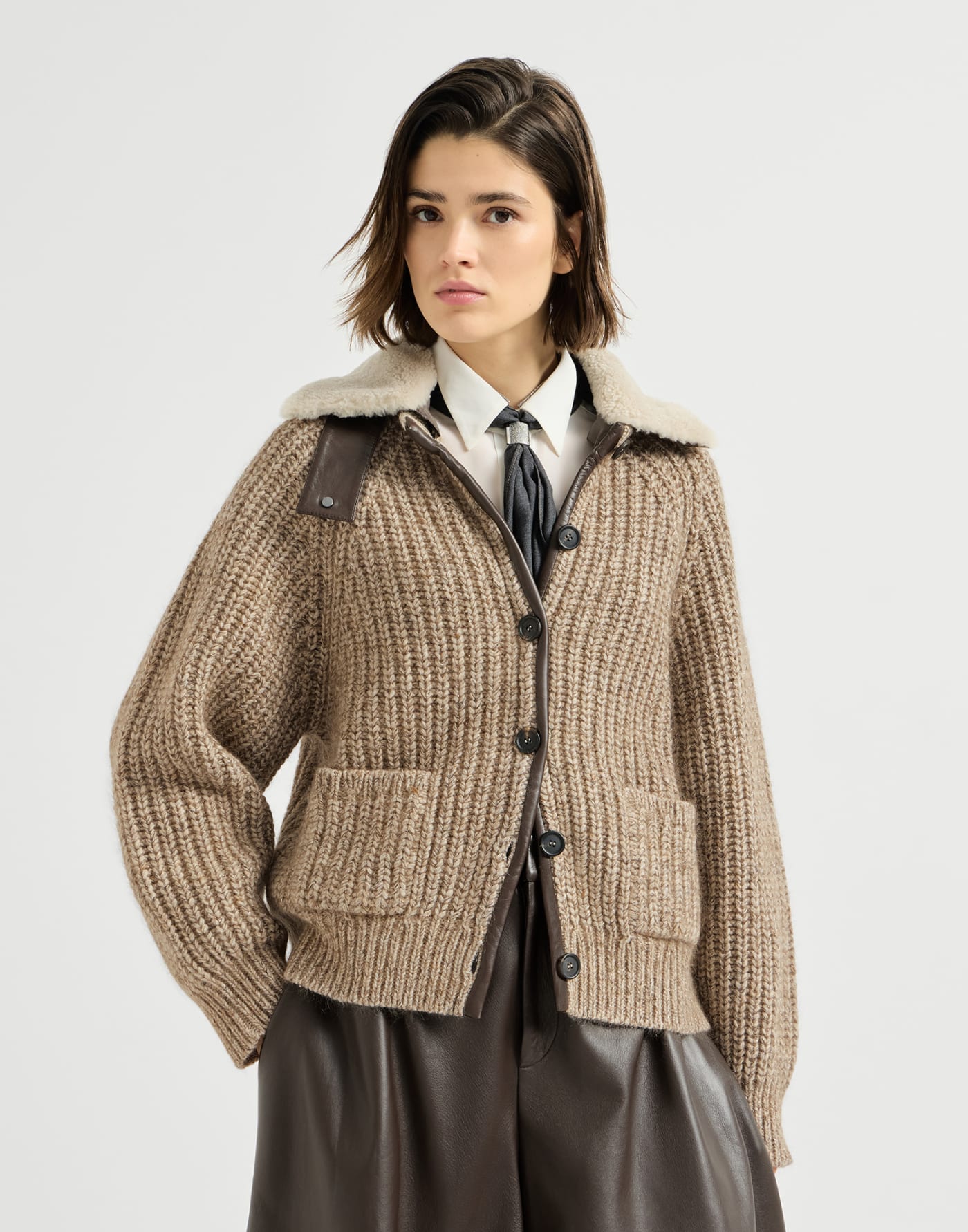 Ribbed cardigan with shearling insert Light Brown Woman - Brunello Cucinelli