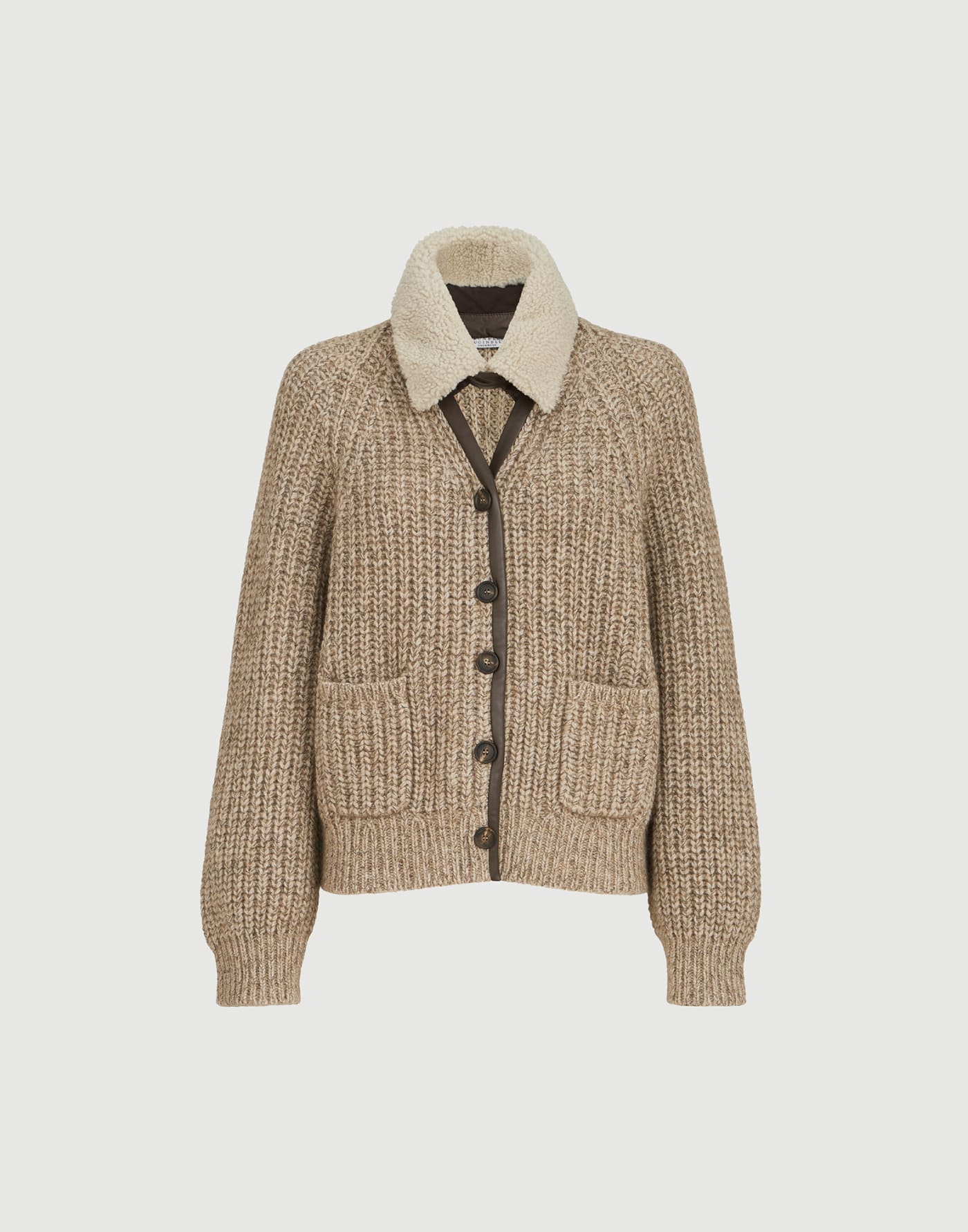 Ribbed cardigan with shearling insert Light Brown Woman - Brunello Cucinelli