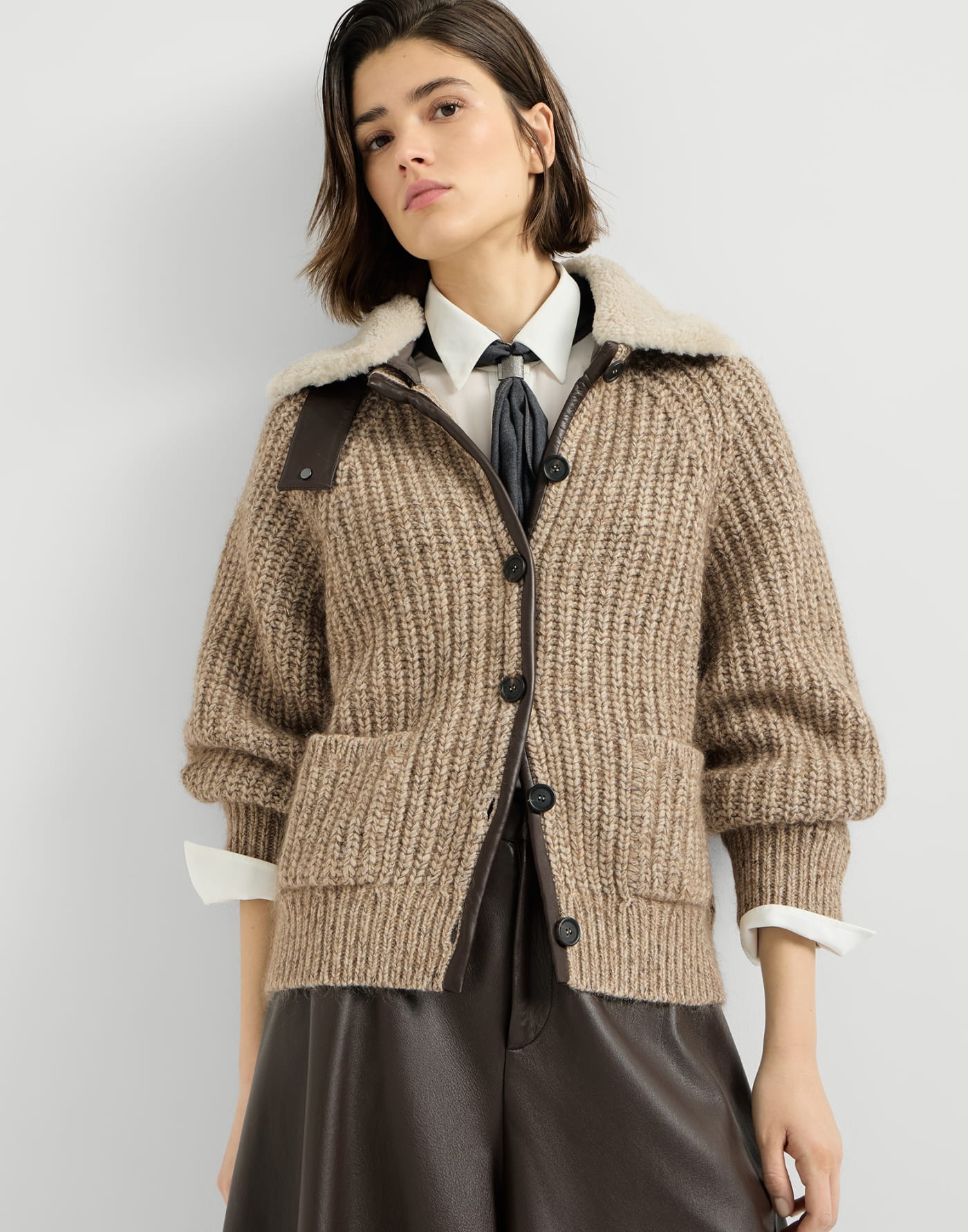 Ribbed cardigan with shearling insert Light Brown Woman - Brunello Cucinelli
