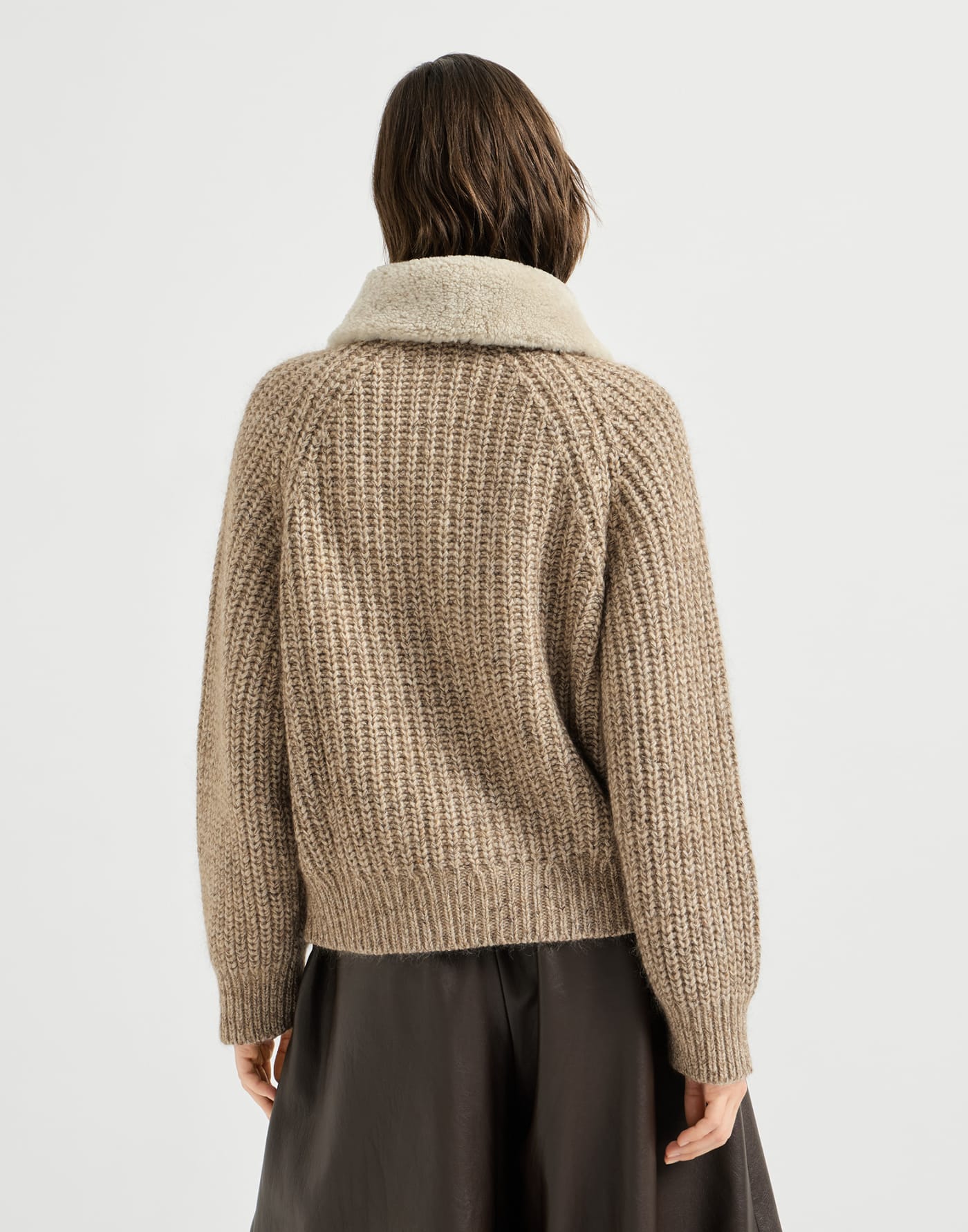 Ribbed cardigan with shearling insert Light Brown Woman - Brunello Cucinelli