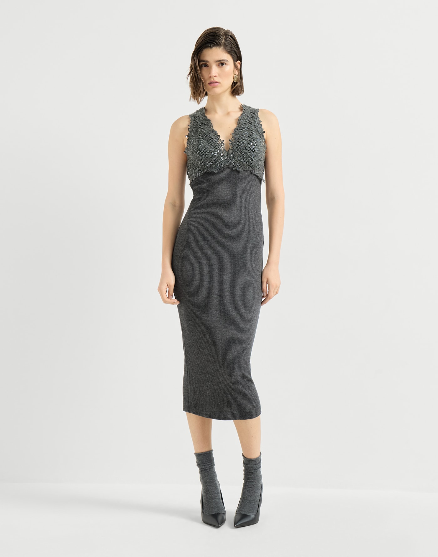 Dress with dazzling lace embroidery Lead Woman - Brunello Cucinelli