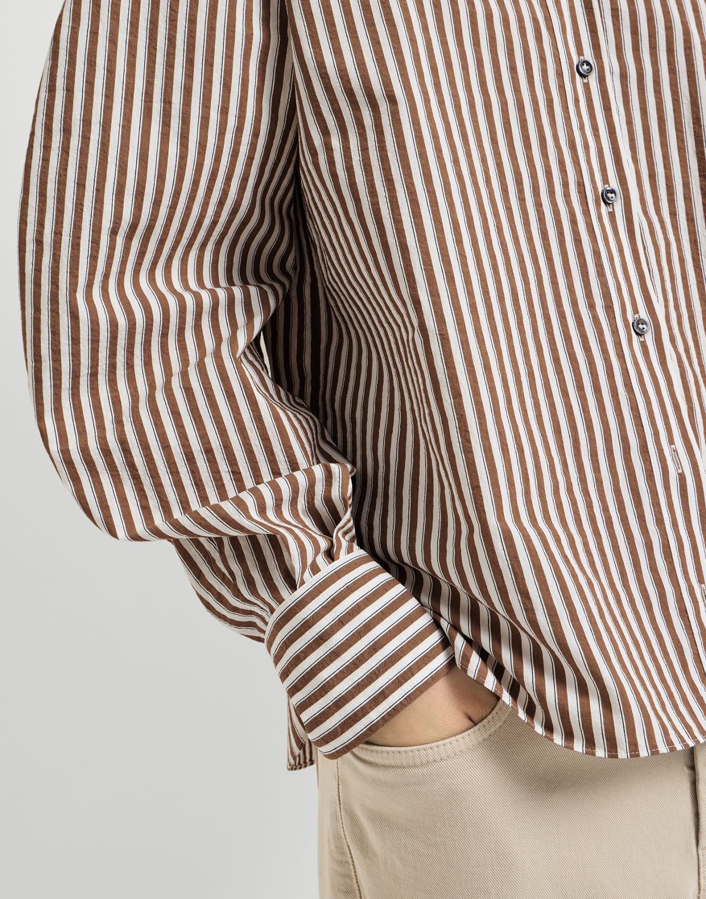 Striped wrinkled poplin shirt with monili Brown Woman - Brunello Cucinelli