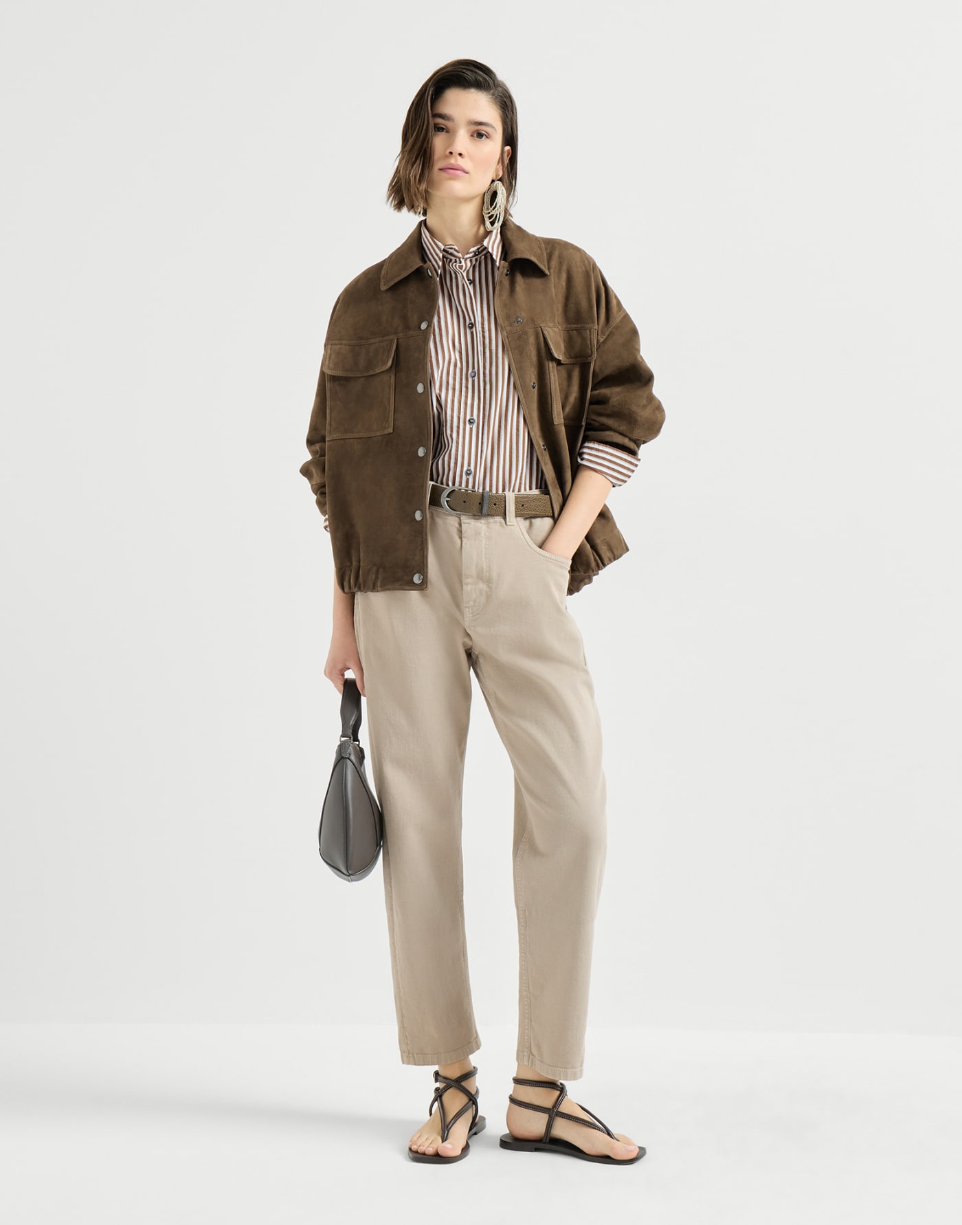Striped wrinkled poplin shirt with monili Brown Woman - Brunello Cucinelli