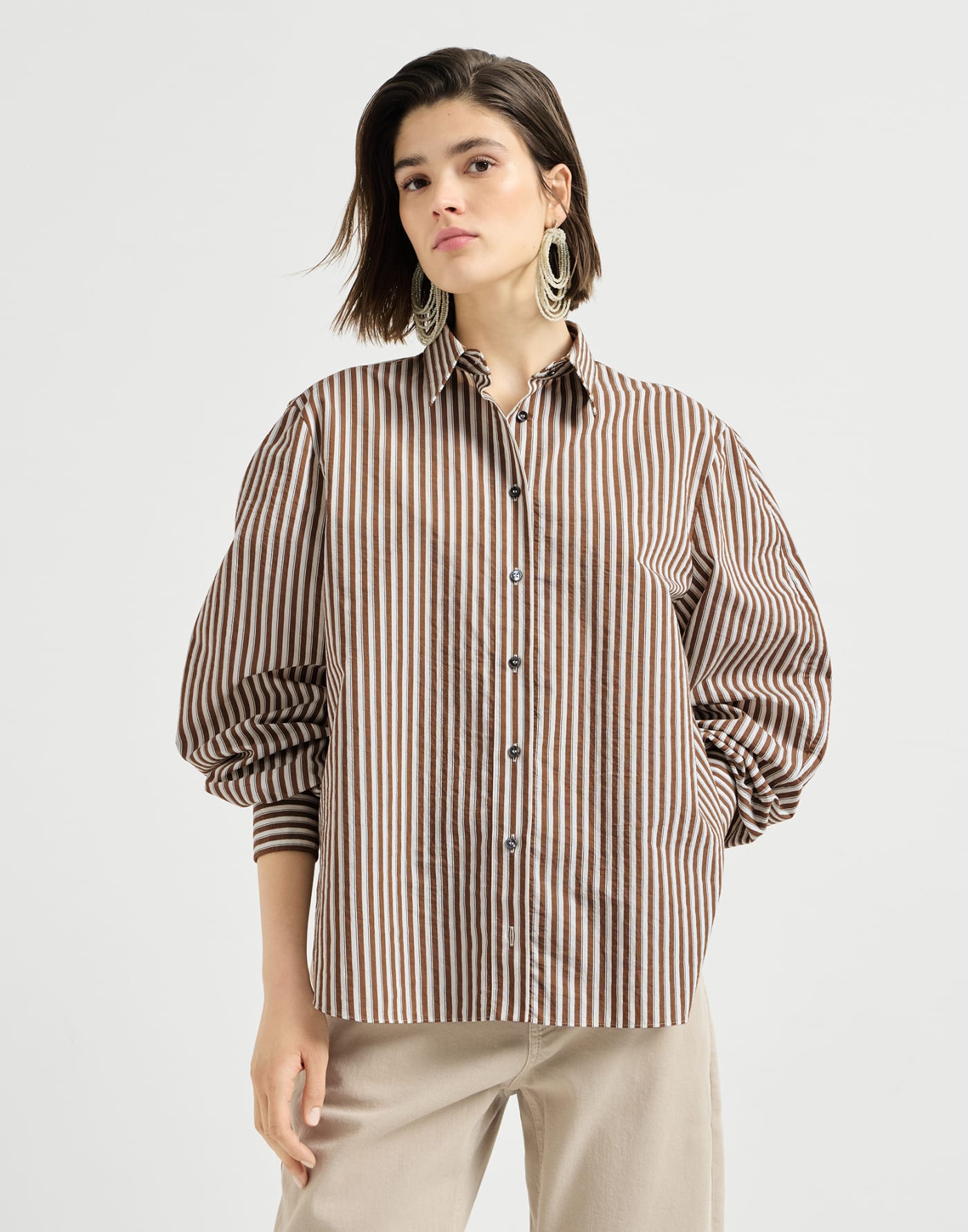 Striped wrinkled poplin shirt with monili Brown Woman - Brunello Cucinelli