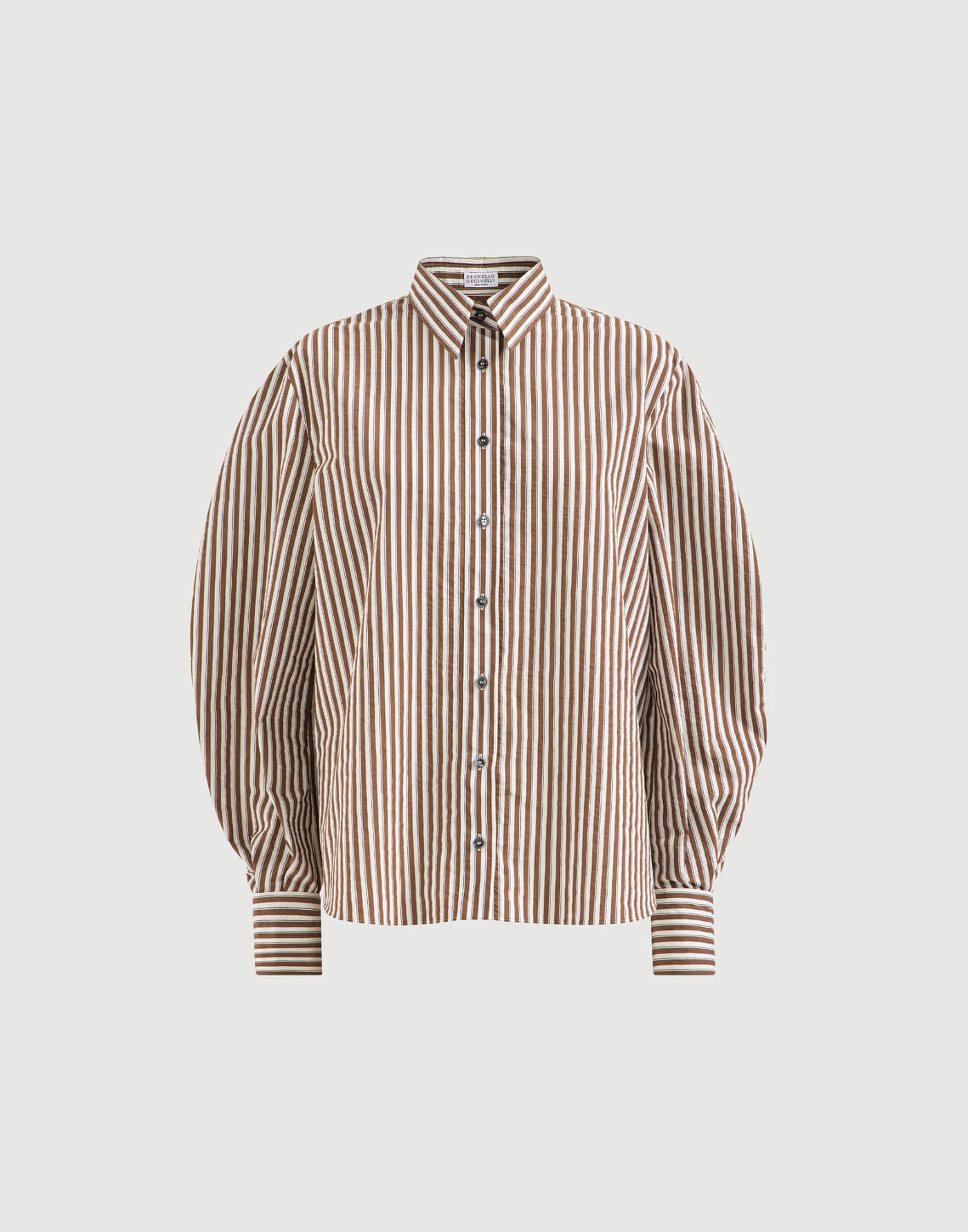 Striped wrinkled poplin shirt with monili Brown Woman - Brunello Cucinelli