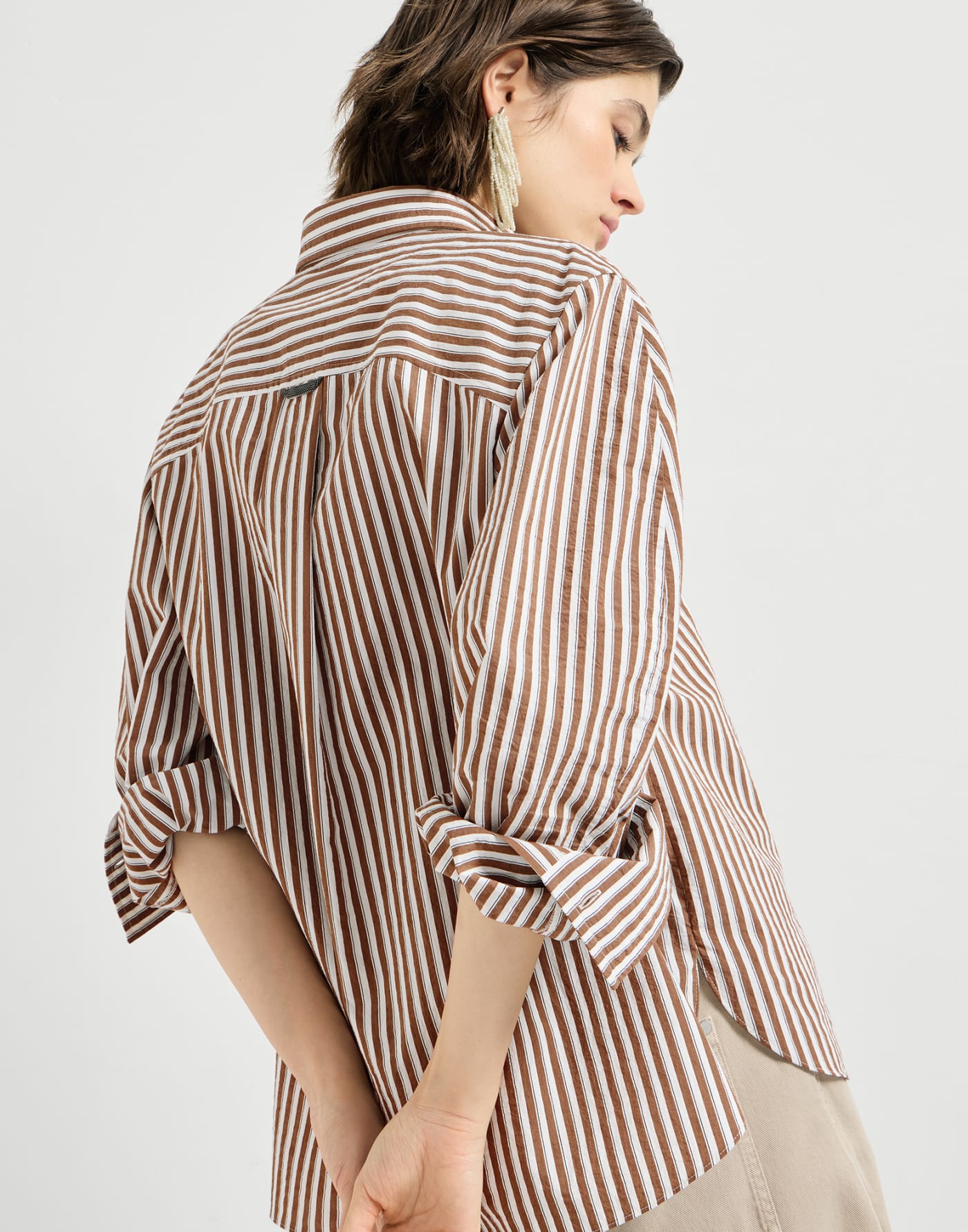 Striped wrinkled poplin shirt with monili Brown Woman - Brunello Cucinelli