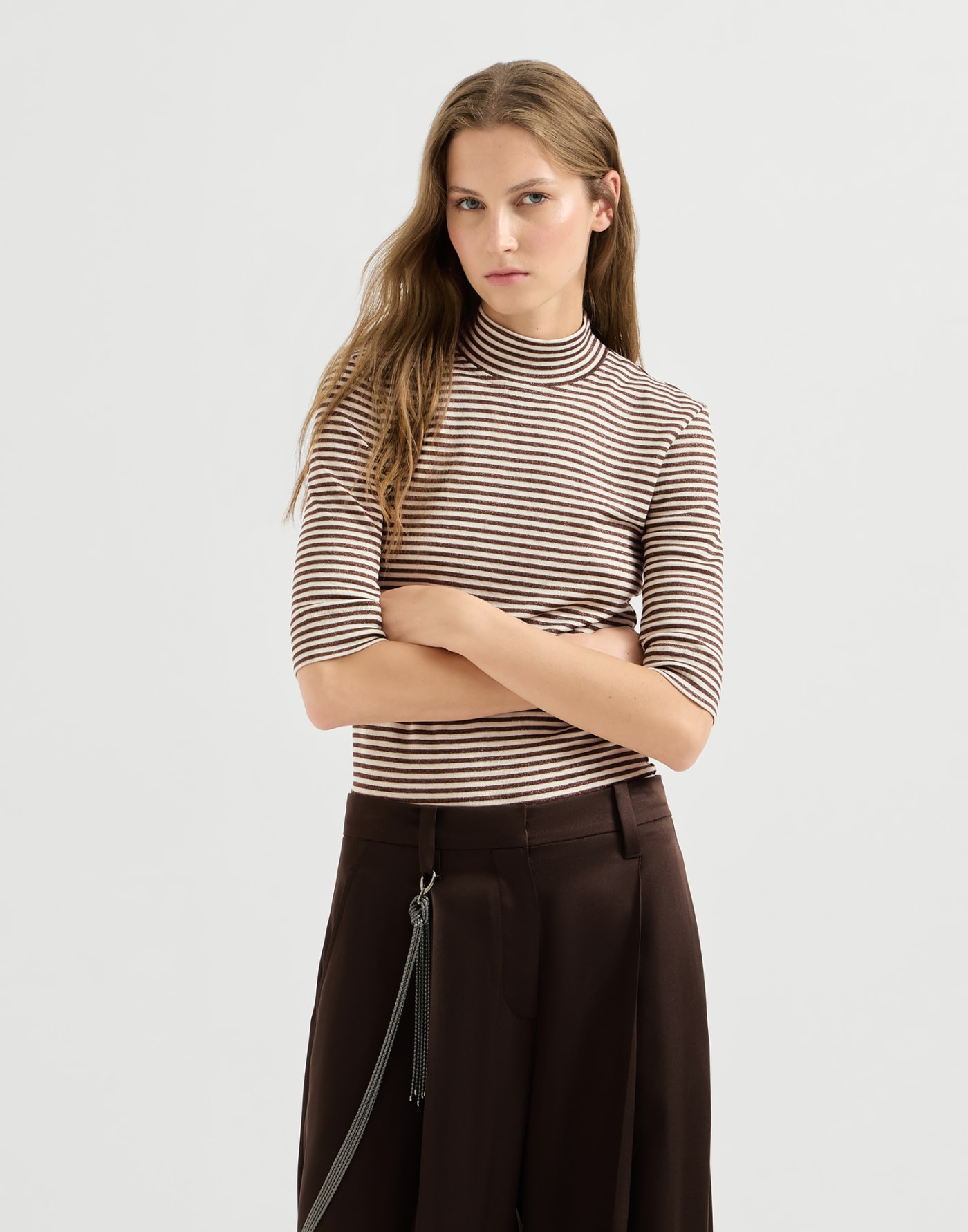 Jersey T-shirt with sparkling stripes Brown Woman - Brunello Cucinelli