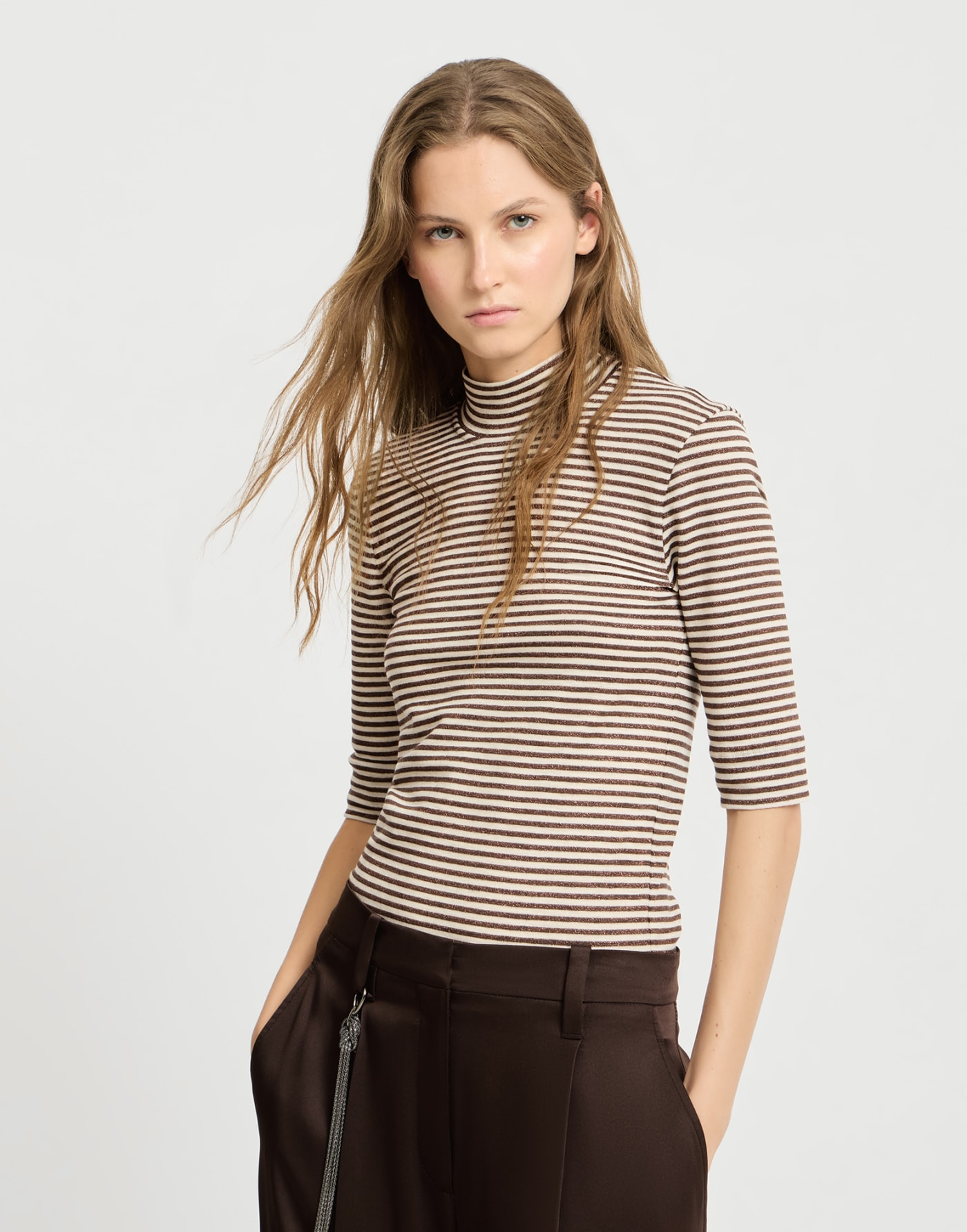 Jersey T-shirt with sparkling stripes Brown Woman - Brunello Cucinelli