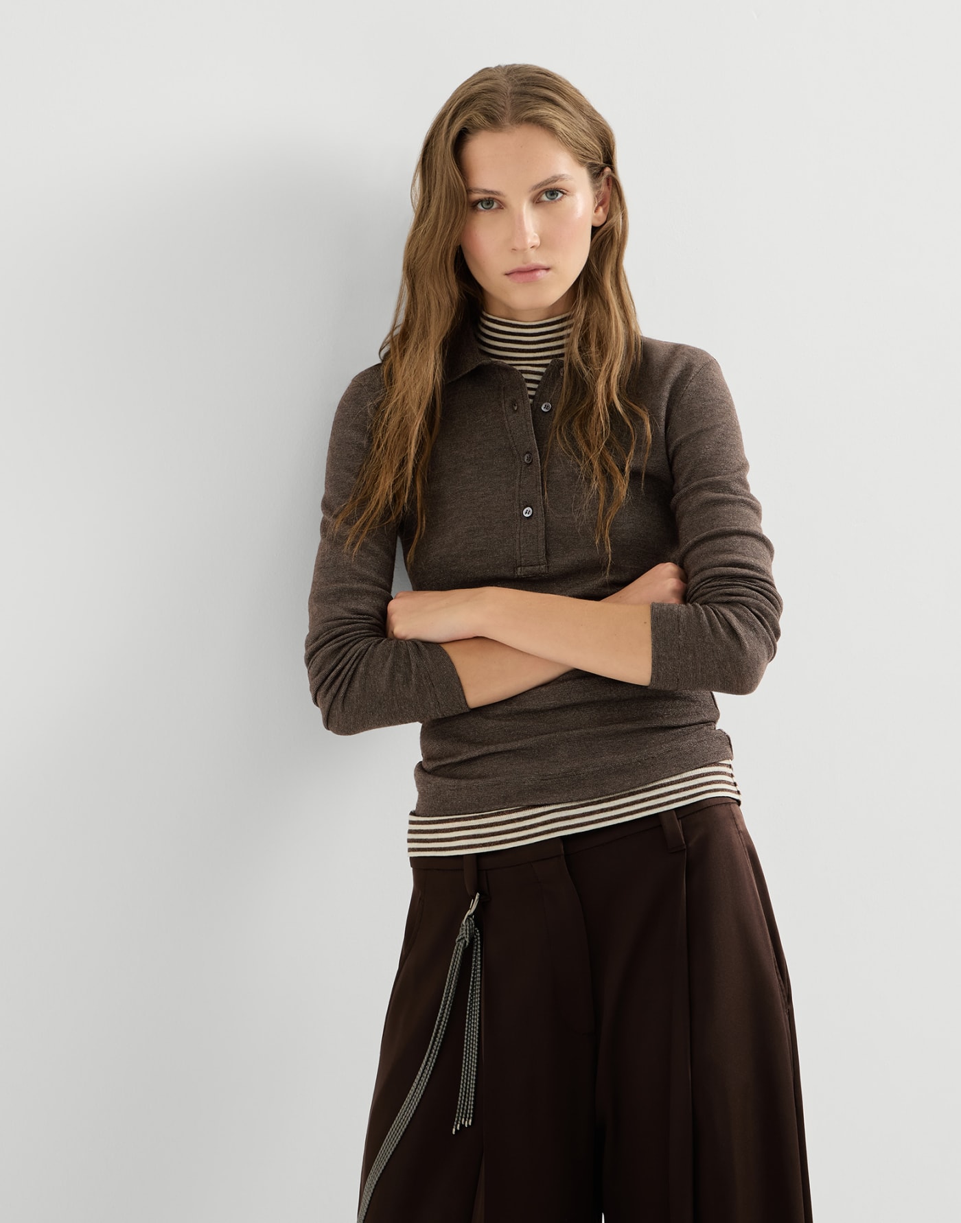 閃耀平紋針織 Polo 衫 咖啡色 女士 - Brunello Cucinelli