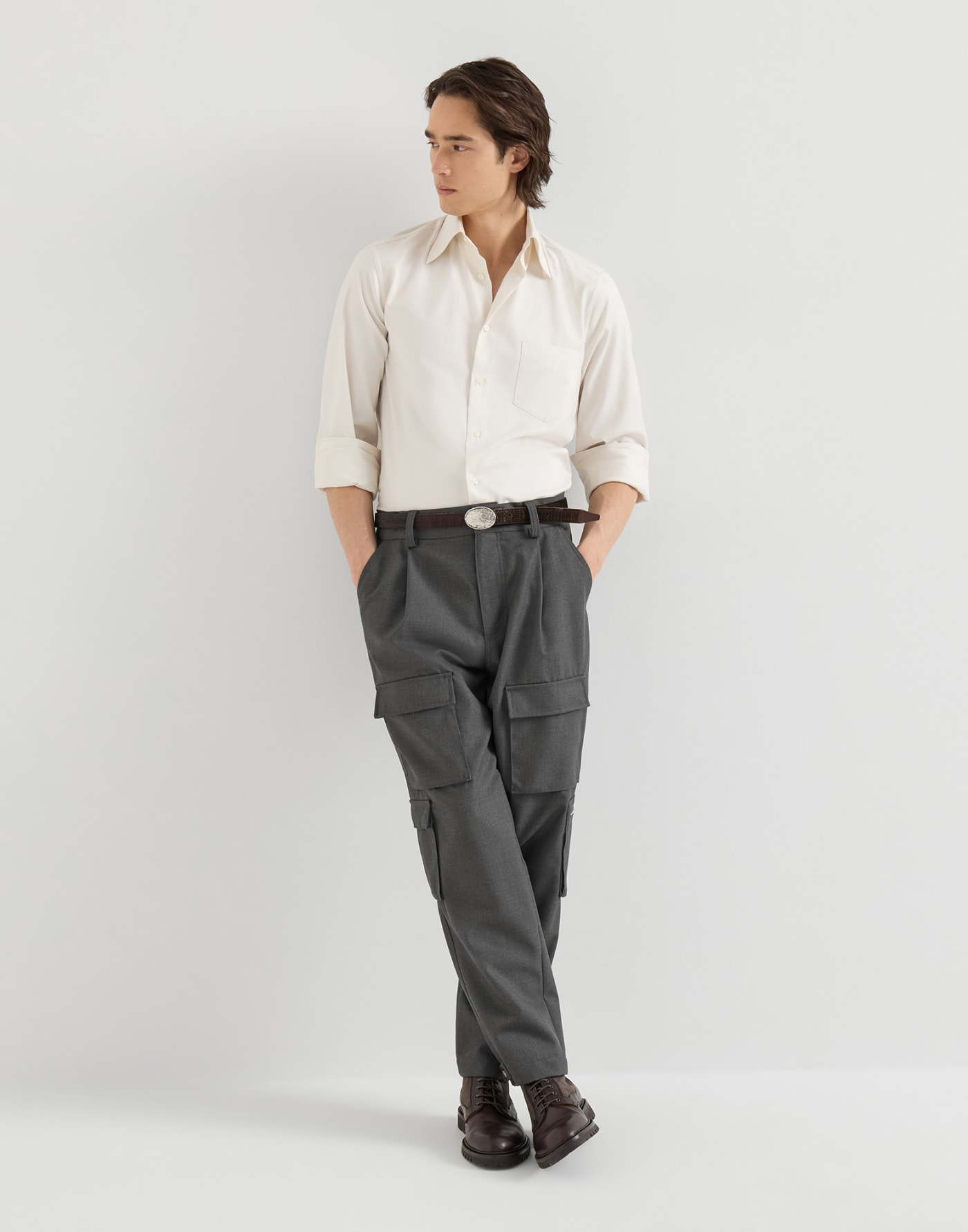 斜菱紋工裝長褲 石灰色 男士 - Brunello Cucinelli