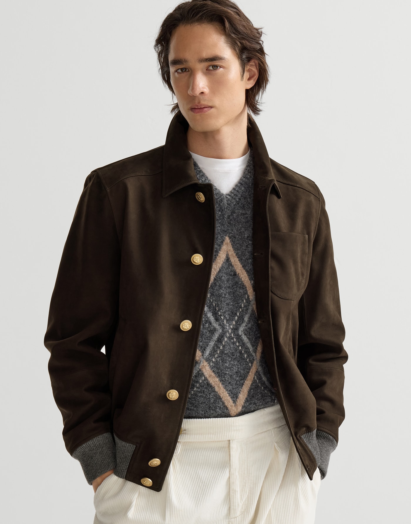 Bomber style chemise en nubuck Brun Foncé Homme - Brunello Cucinelli