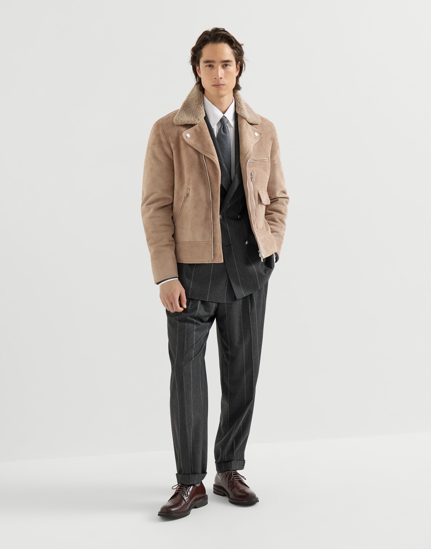 細條紋法蘭絨長褲 深灰色 男士 - Brunello Cucinelli