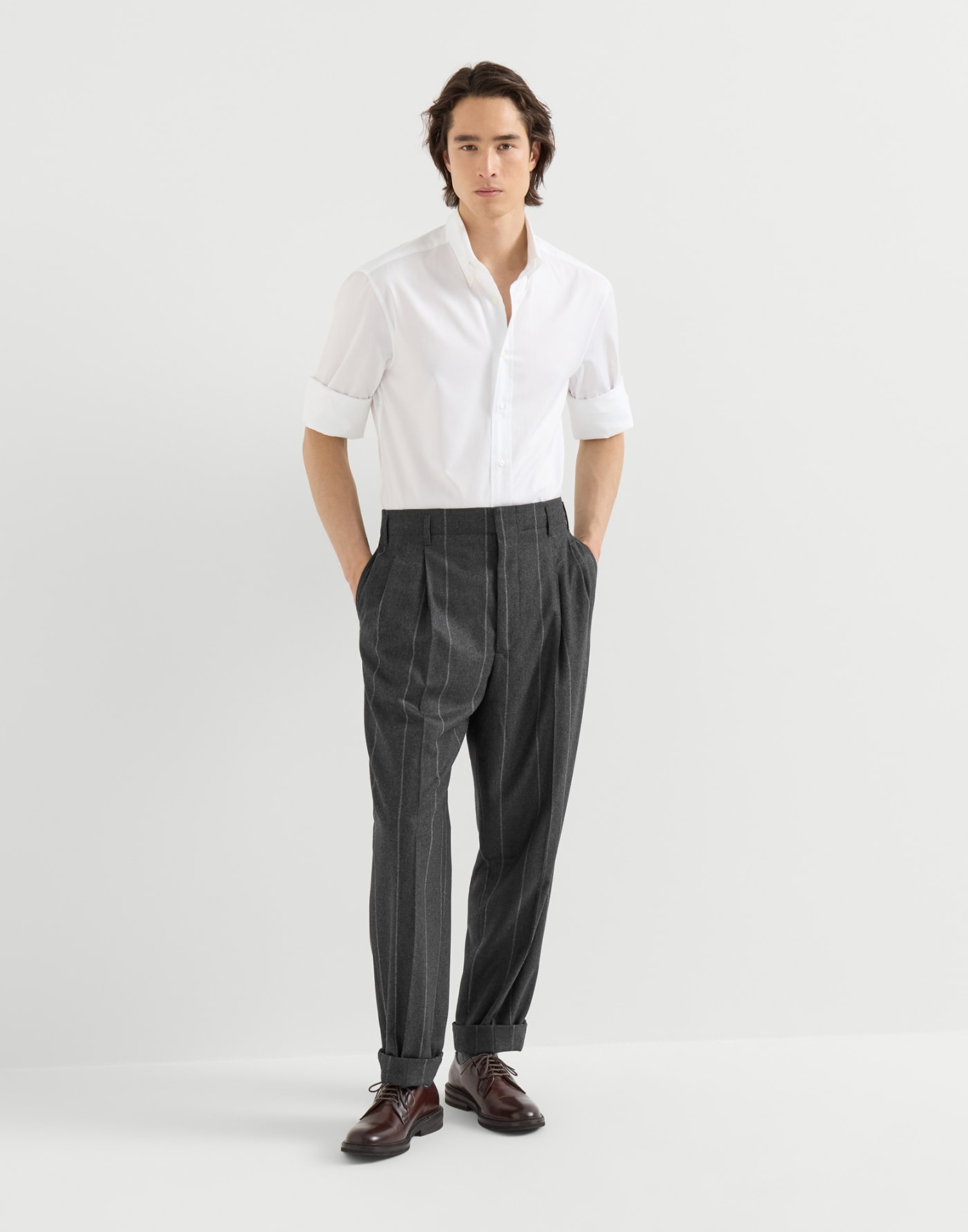 細條紋法蘭絨長褲 深灰色 男士 - Brunello Cucinelli