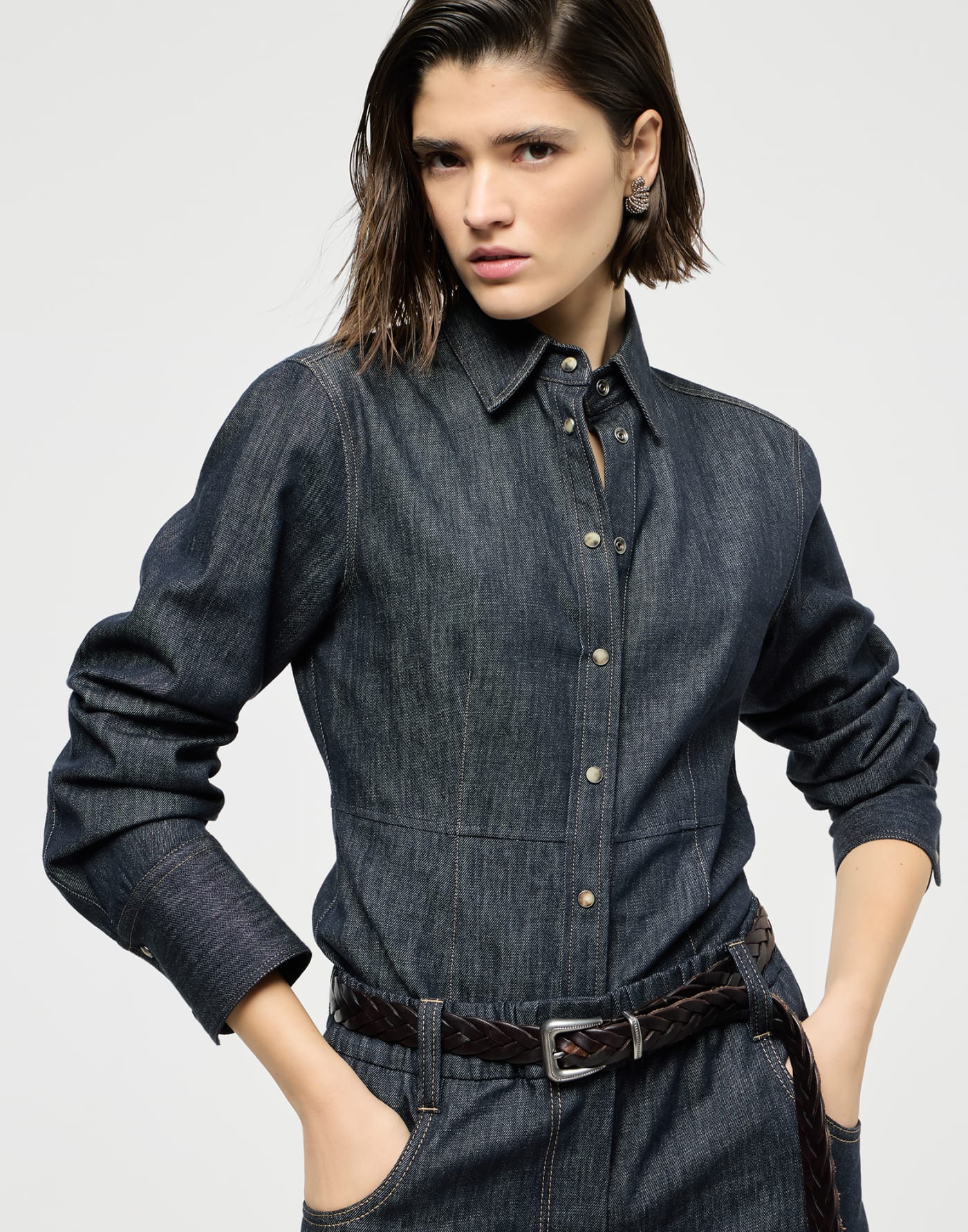 Cotton denim-effect twill shirt Denim Woman - Brunello Cucinelli