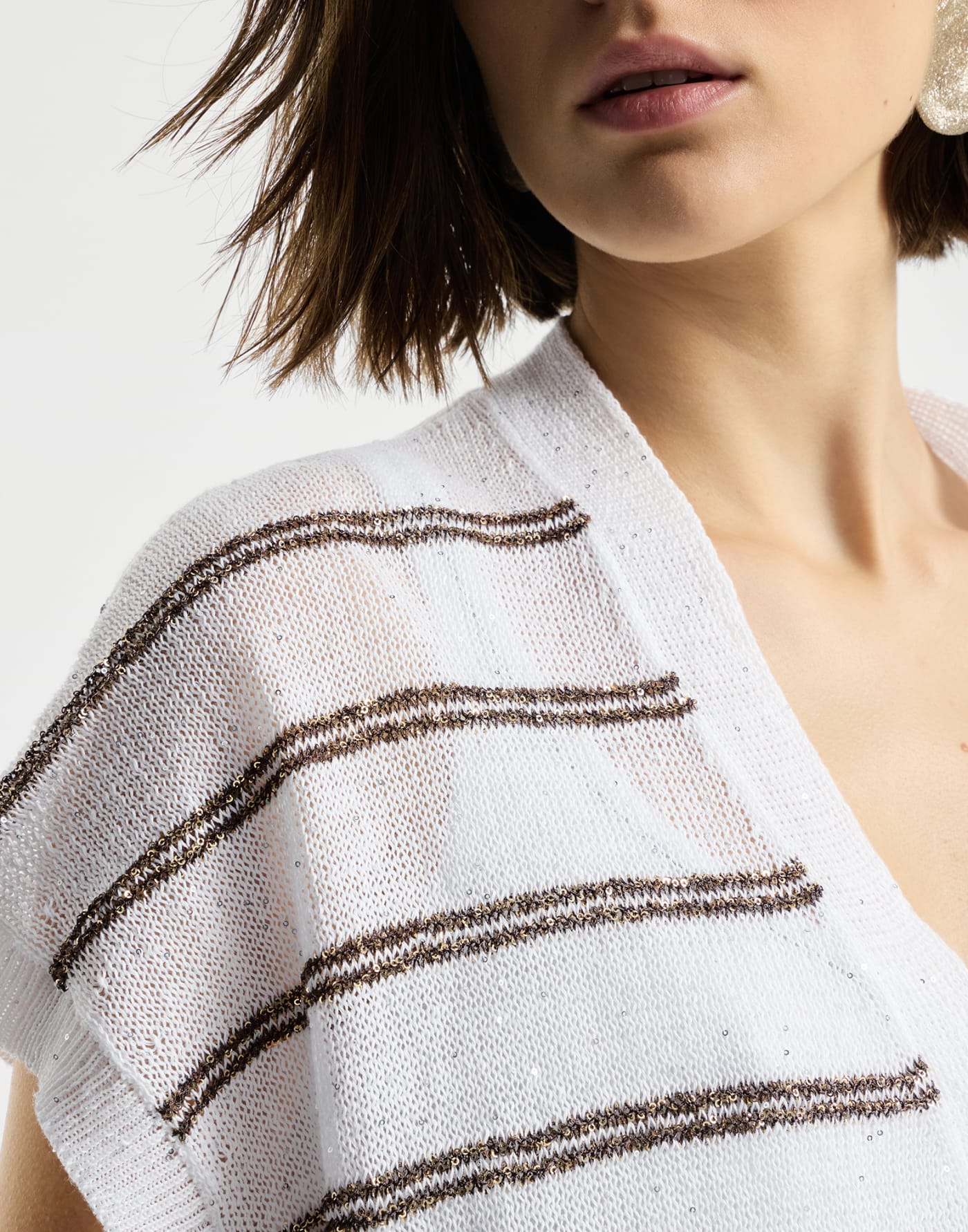 Linen and cotton dazzling stripes cardigan White Woman - Brunello Cucinelli