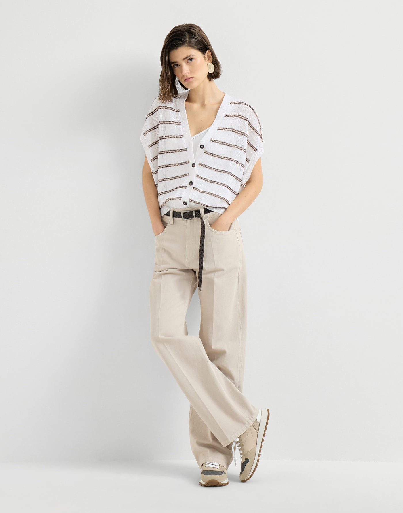 Linen and cotton dazzling stripes cardigan White Woman - Brunello Cucinelli