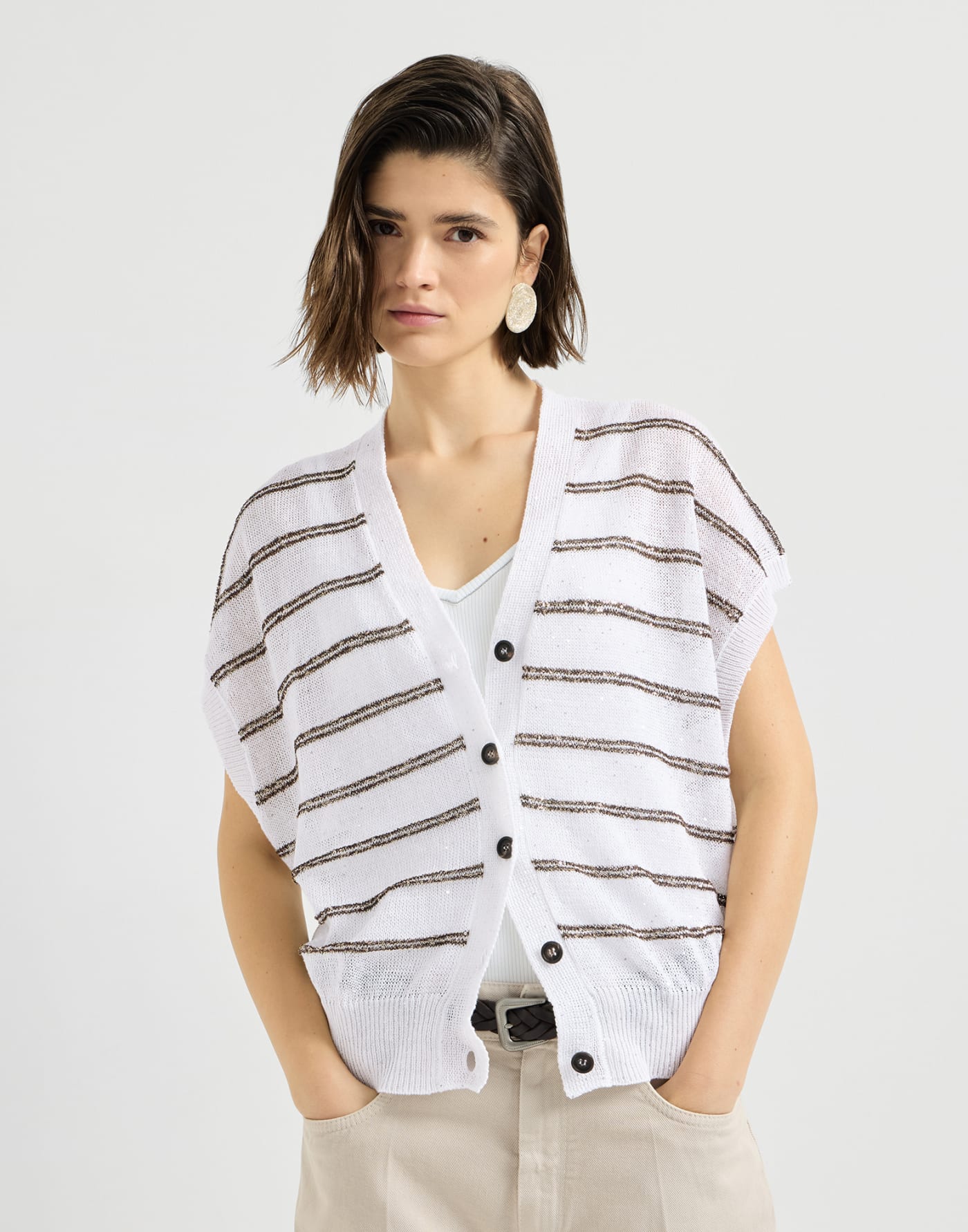 Linen and cotton dazzling stripes cardigan White Woman - Brunello Cucinelli