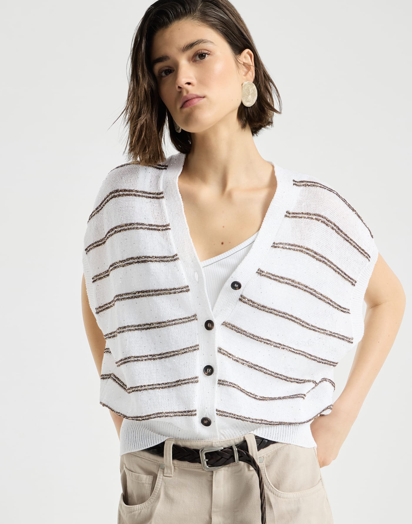 Linen and cotton dazzling stripes cardigan White Woman - Brunello Cucinelli