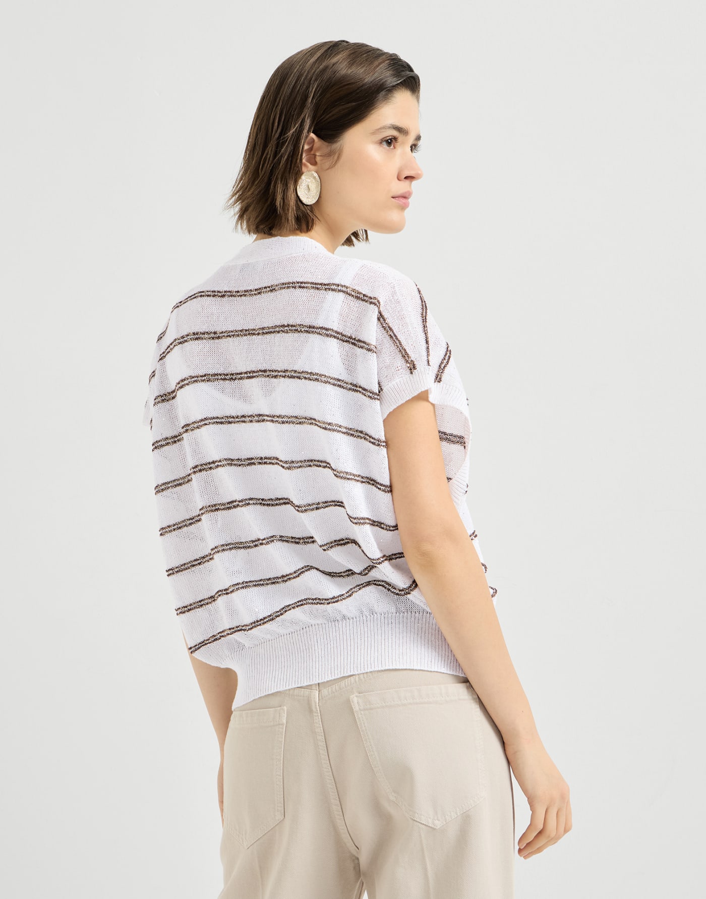 Linen and cotton dazzling stripes cardigan White Woman - Brunello Cucinelli