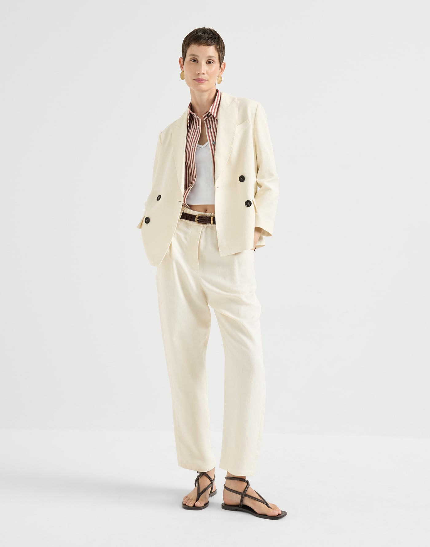 Fluid twill blazer with monili Milk Woman - Brunello Cucinelli