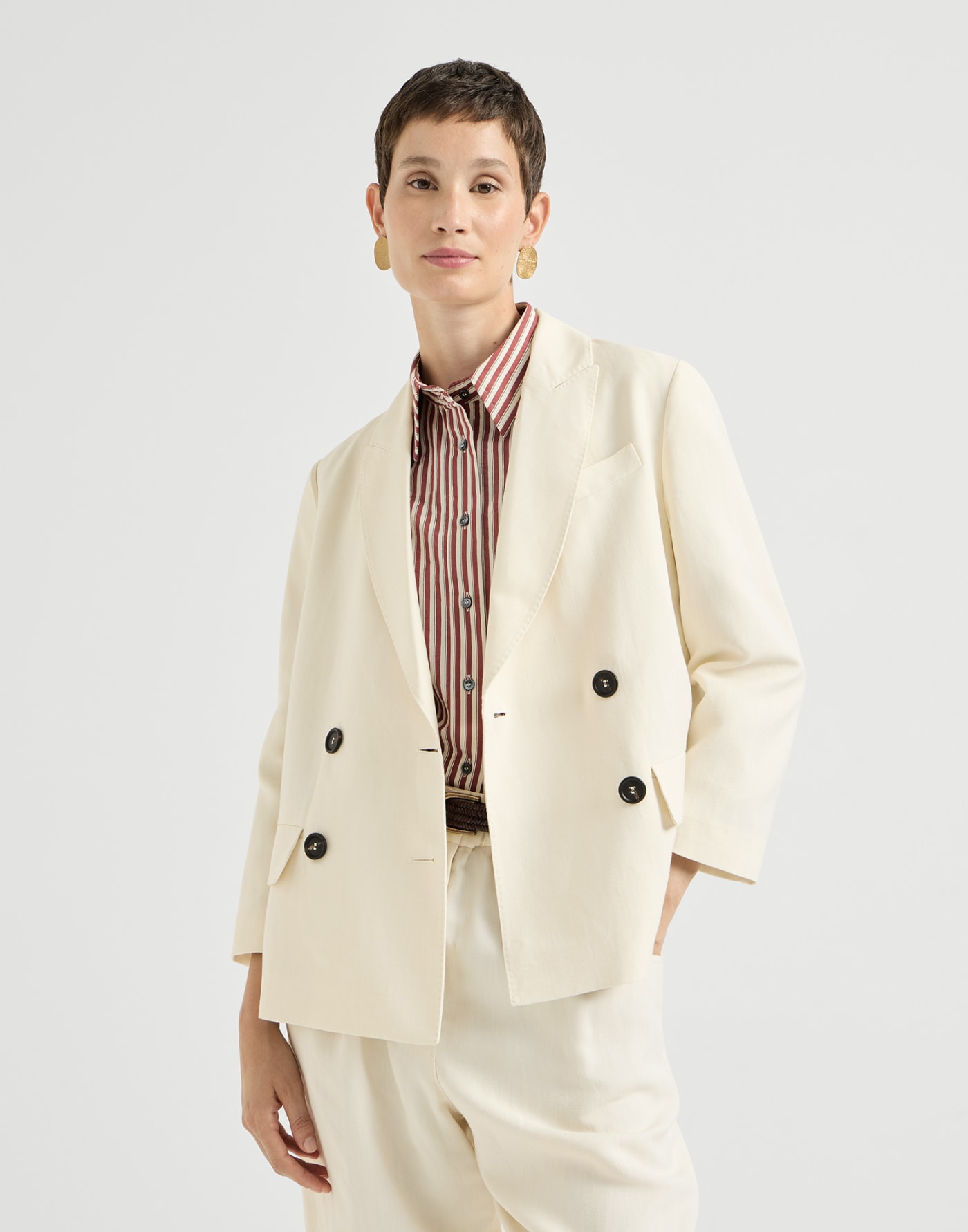 Fluid twill blazer with monili Milk Woman - Brunello Cucinelli