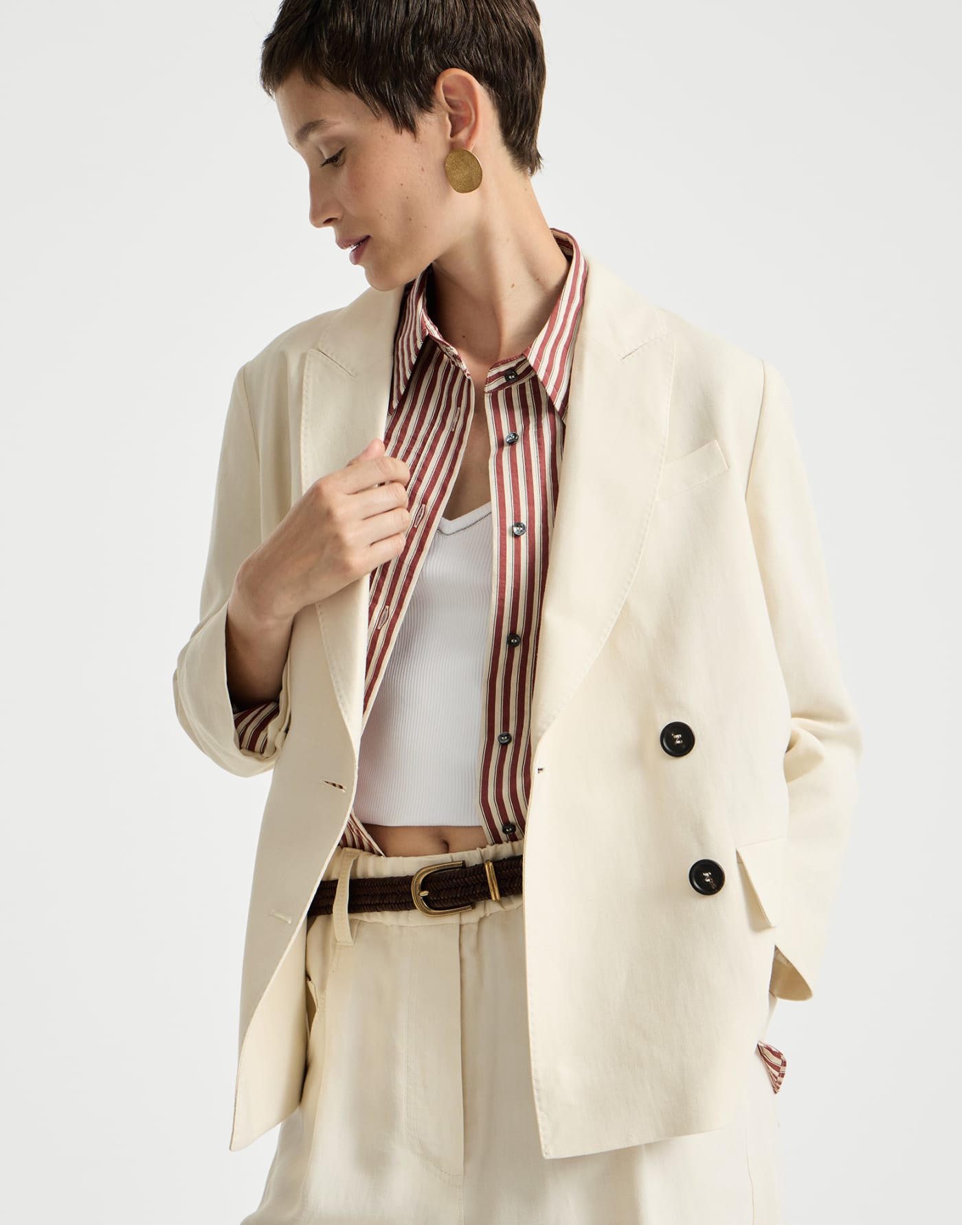 Fluid twill blazer with monili Milk Woman - Brunello Cucinelli