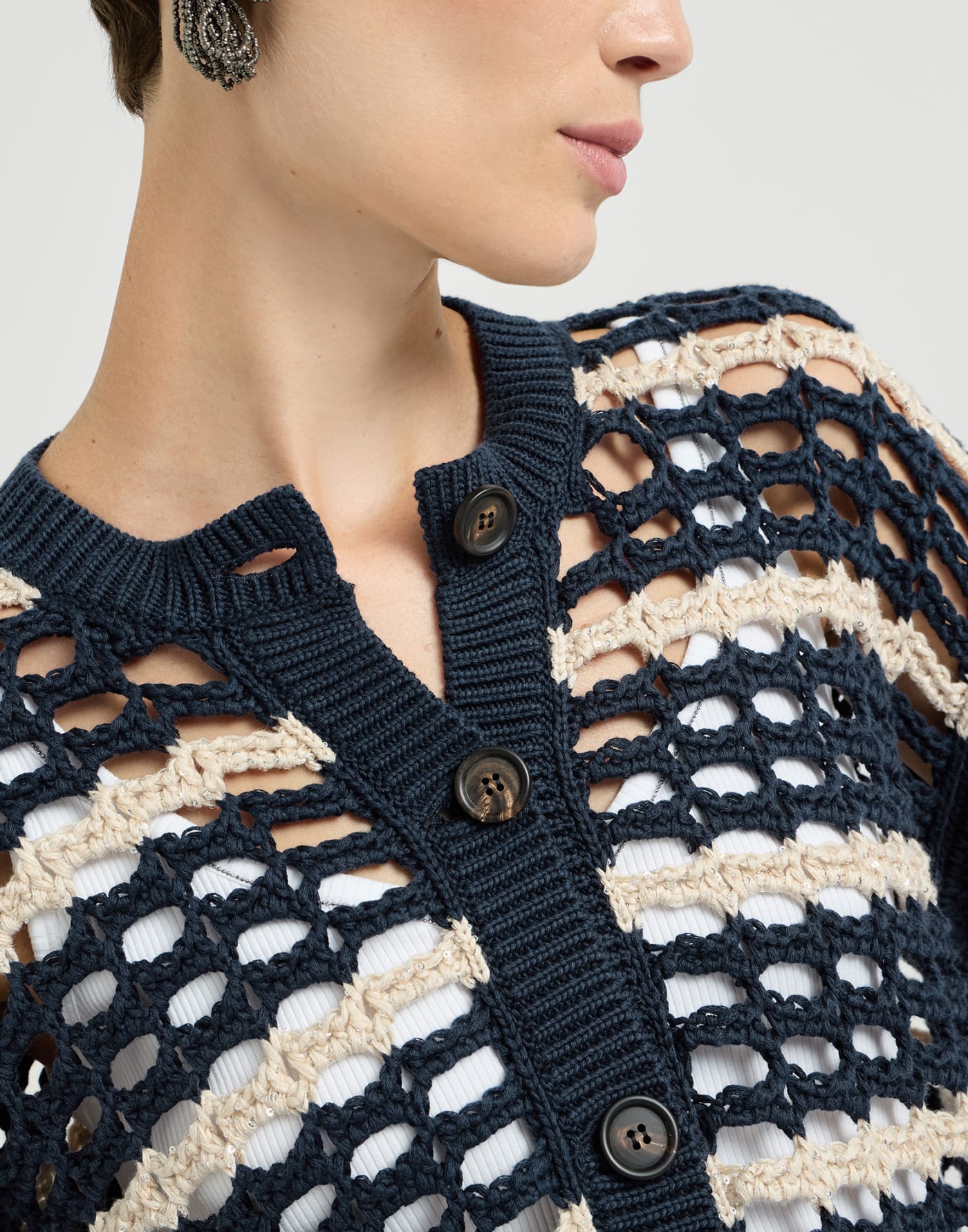Cotton marina net cardigan Blue Woman - Brunello Cucinelli