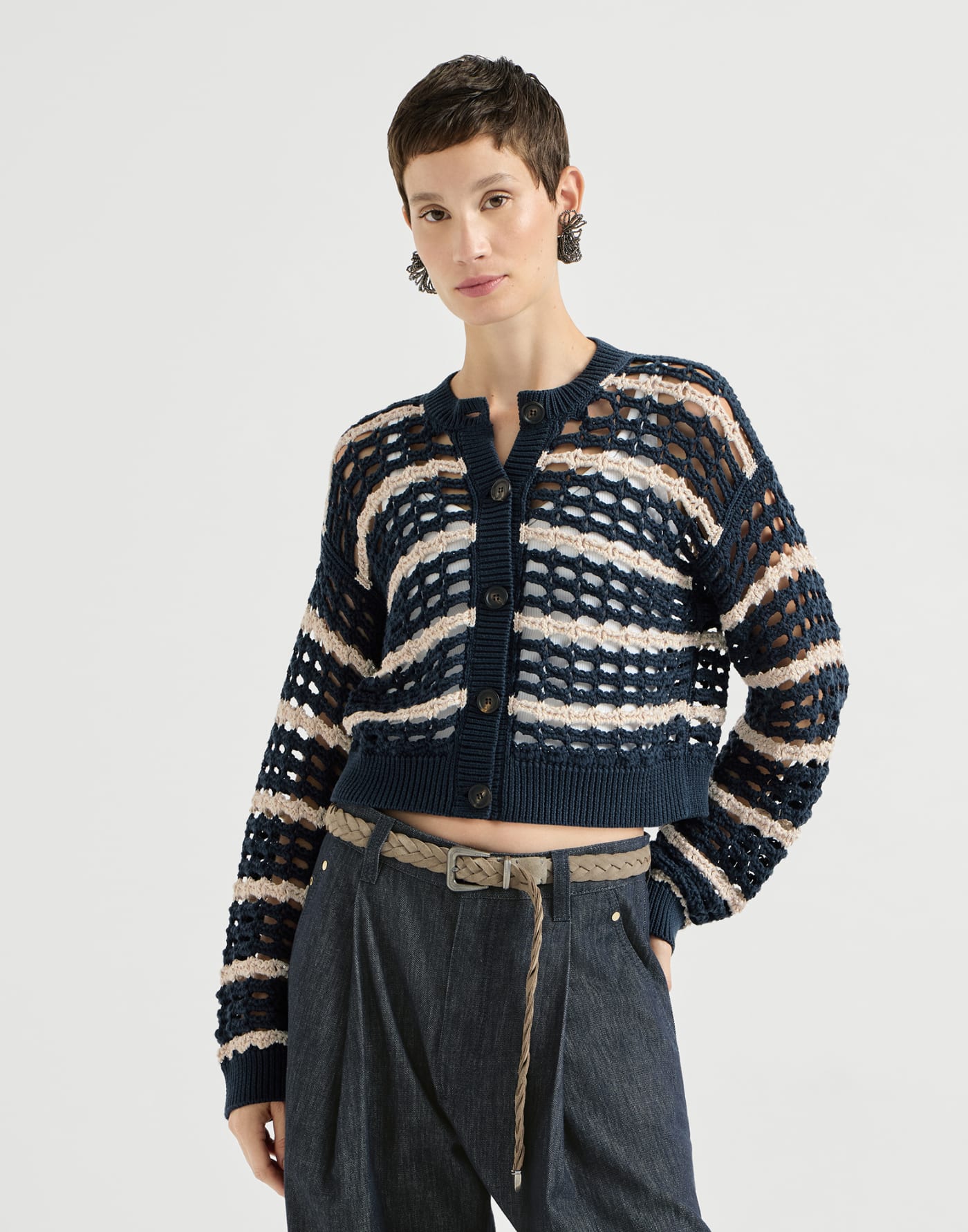 Cotton marina net cardigan Blue Woman - Brunello Cucinelli