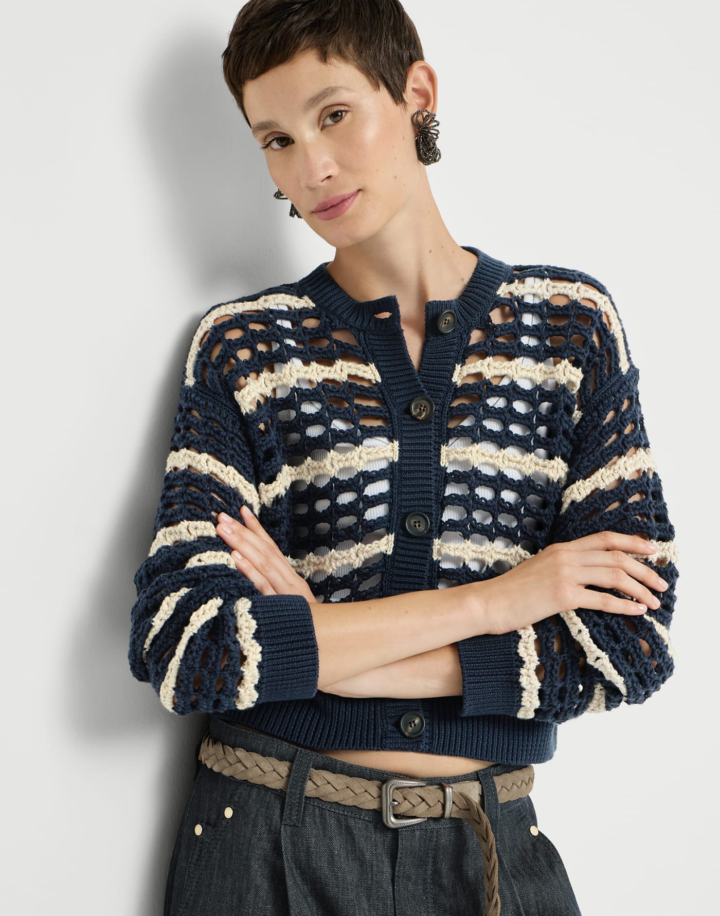 Cotton marina net cardigan Blue Woman - Brunello Cucinelli
