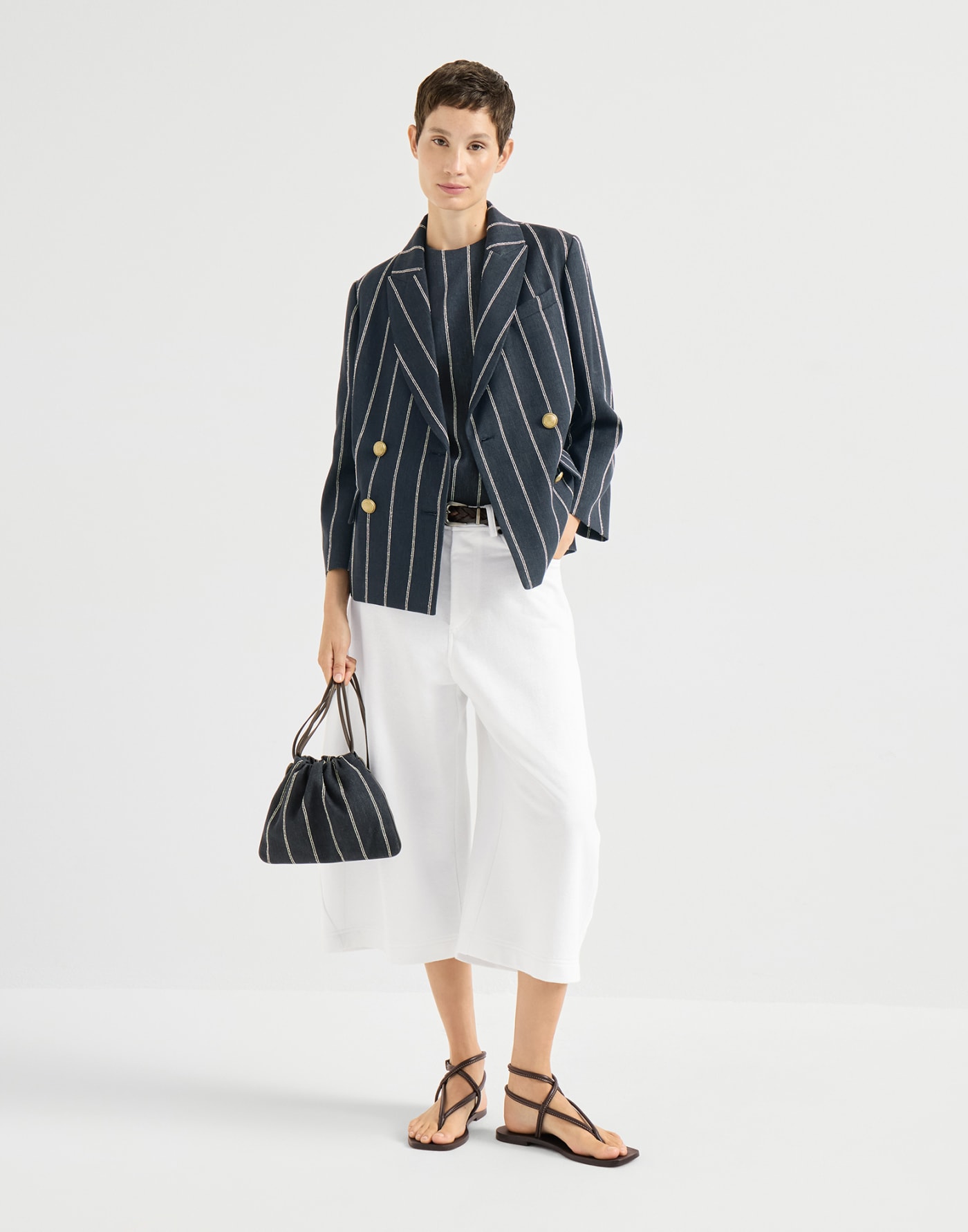 Chalk stripe cotton and linen denim top Denim Woman - Brunello Cucinelli