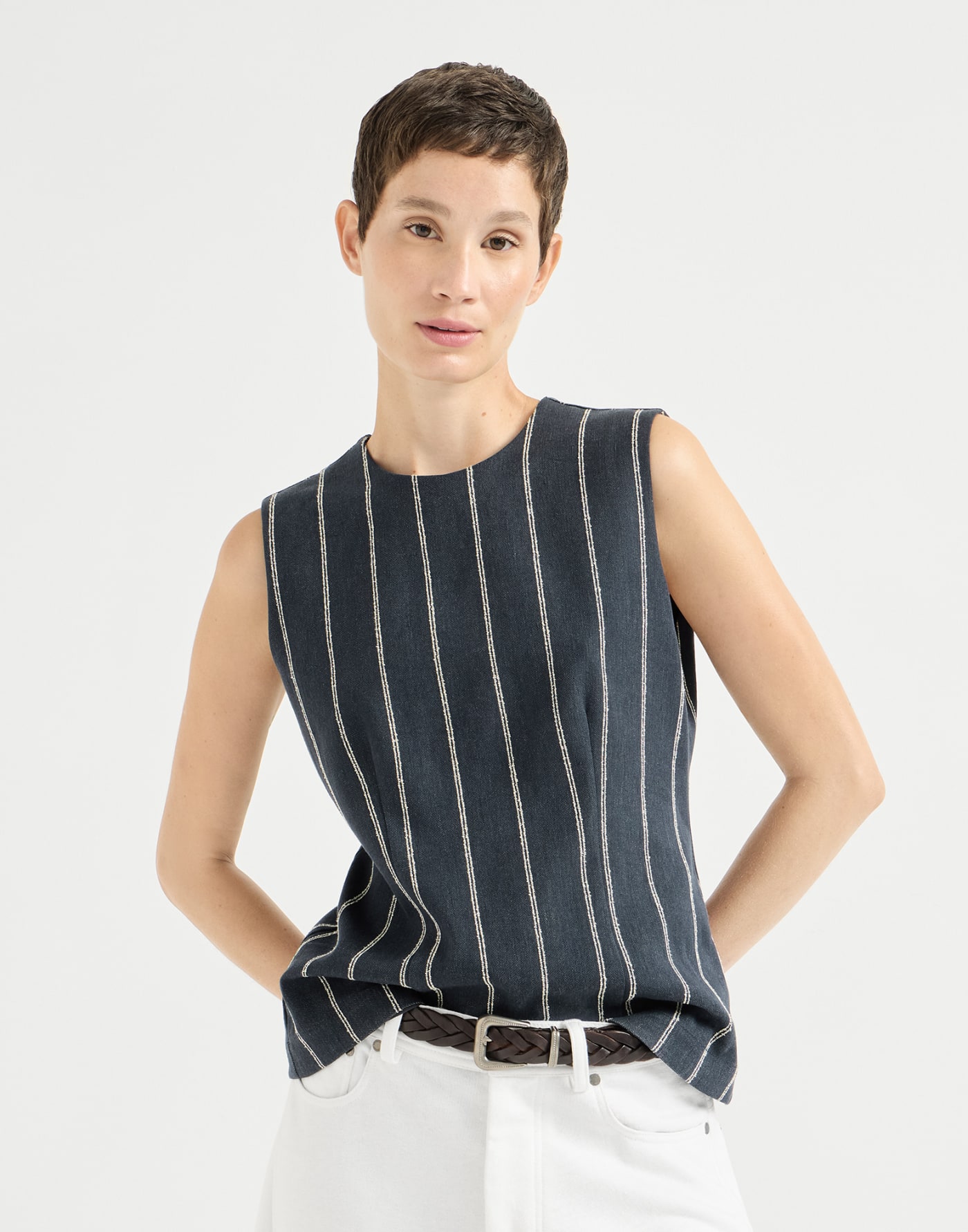 Chalk stripe cotton and linen denim top Denim Woman - Brunello Cucinelli