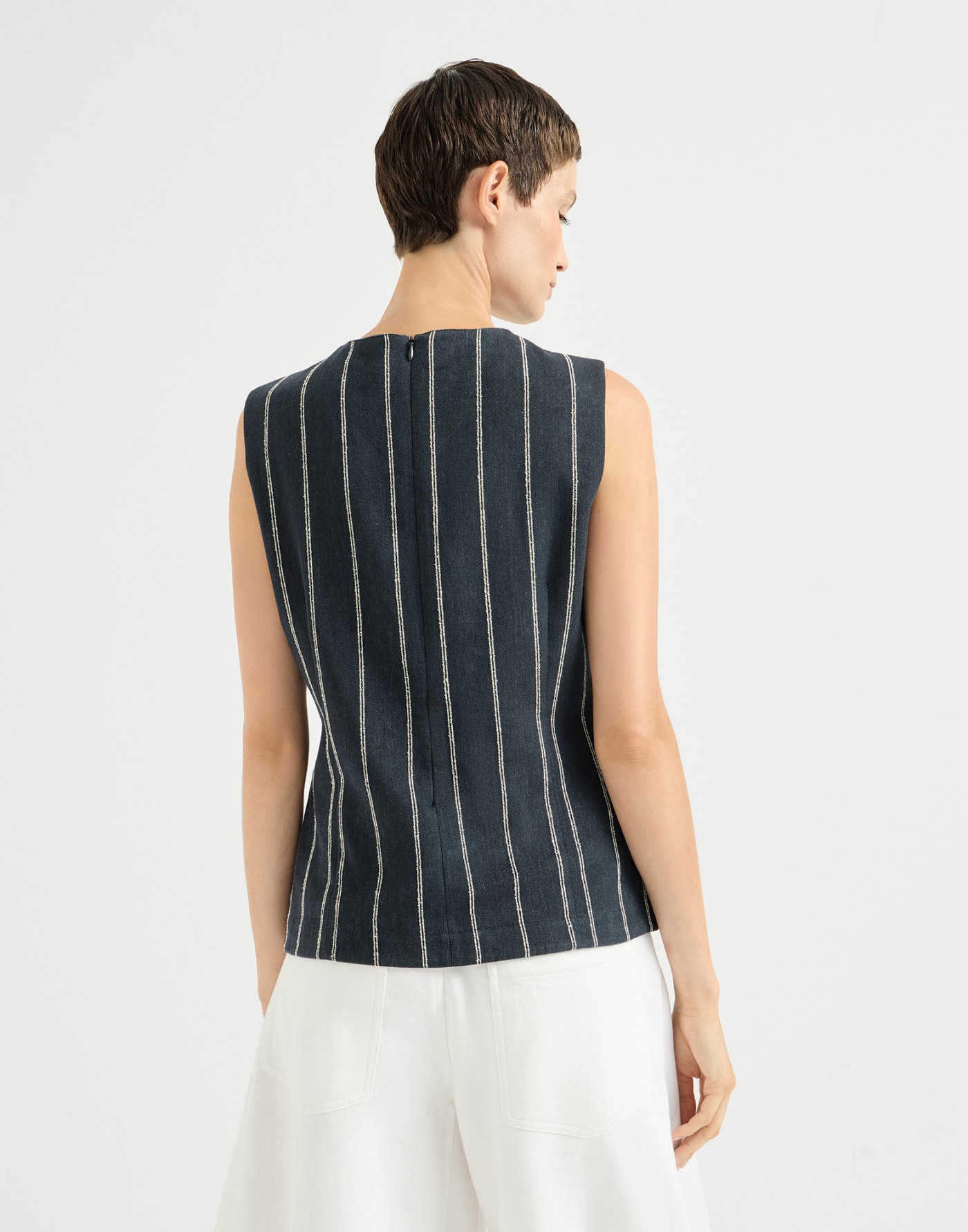 Chalk stripe cotton and linen denim top Denim Woman - Brunello Cucinelli