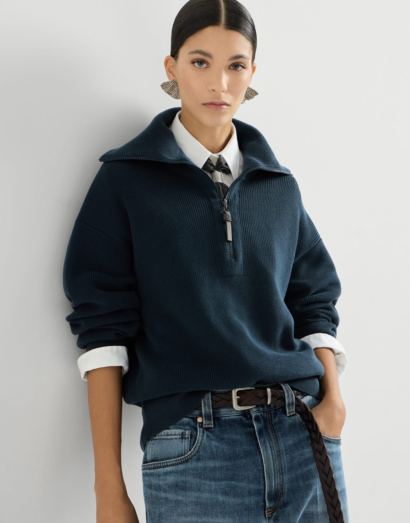 Cárdigan de punto canalé inglés Azul Mujer - Brunello Cucinelli