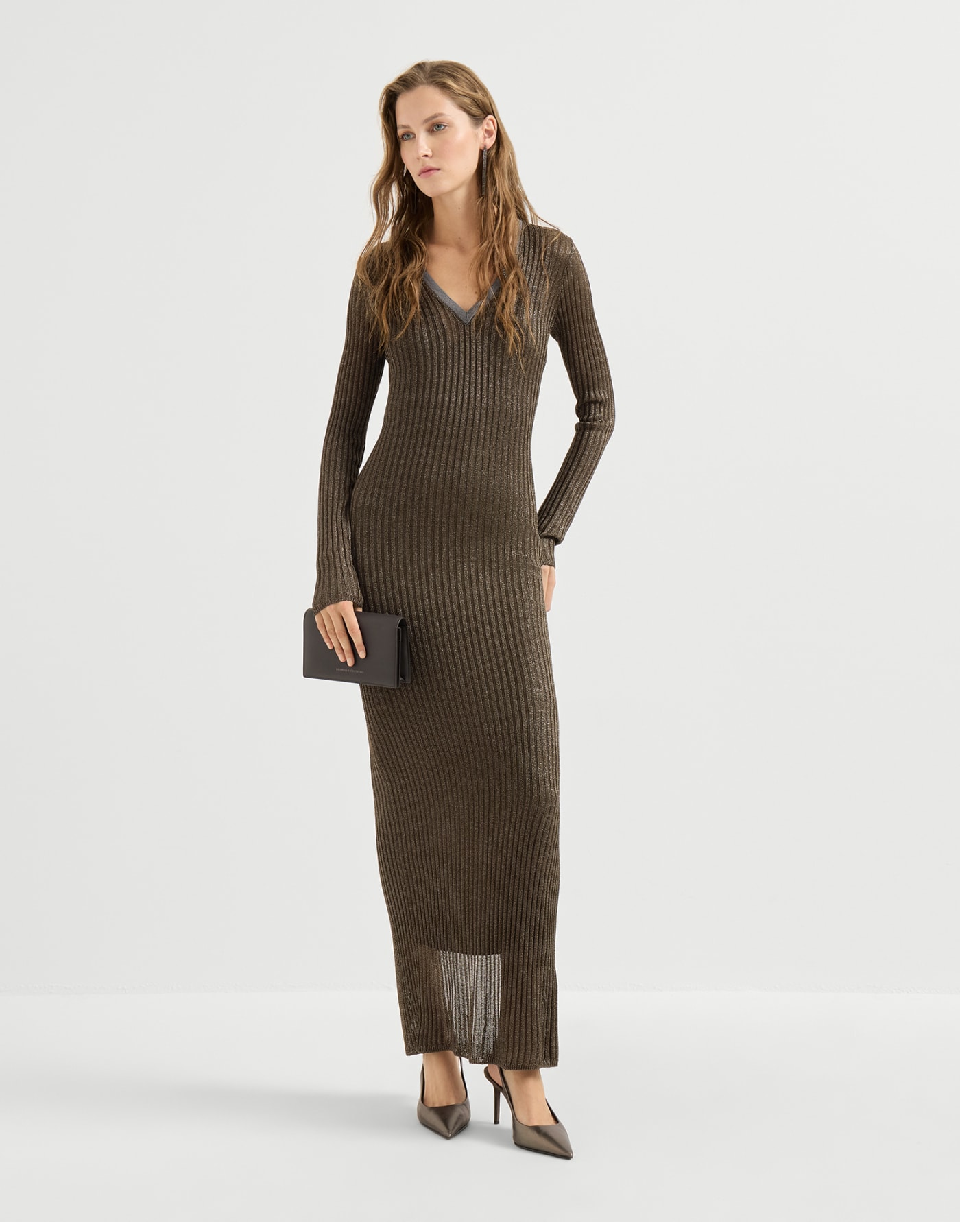 Sparkling knit dress with monili Coffee Woman - Brunello Cucinelli