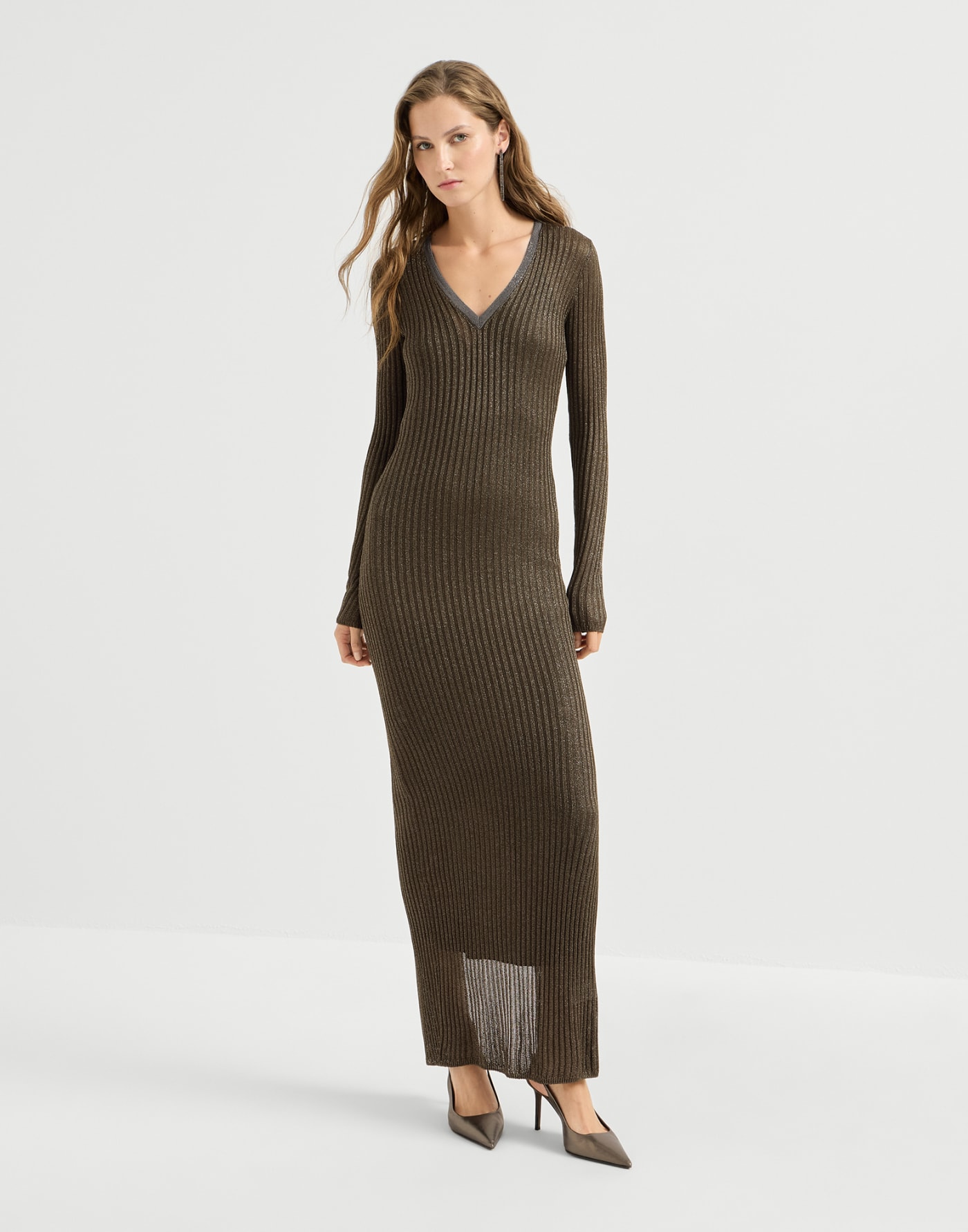 Sparkling knit dress with monili Coffee Woman - Brunello Cucinelli