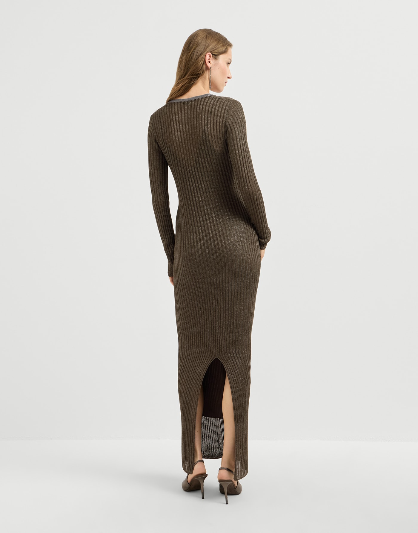 Sparkling knit dress with monili Coffee Woman - Brunello Cucinelli