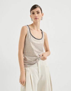Striped jersey top with monili Light Brown Woman - Brunello Cucinelli