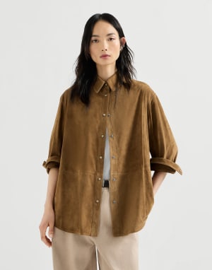 Suede shirt with monili Light Brown Woman - Brunello Cucinelli