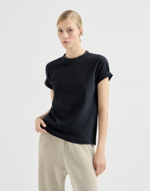 T-shirt with Precious Faux Layering Anthracite Woman - Brunello Cucinelli