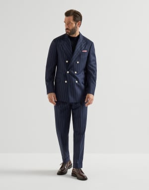 查尔克宽条纹西装套装:150支初剪羊毛混纺斜纹面料 蓝色 男款 - Brunello Cucinelli